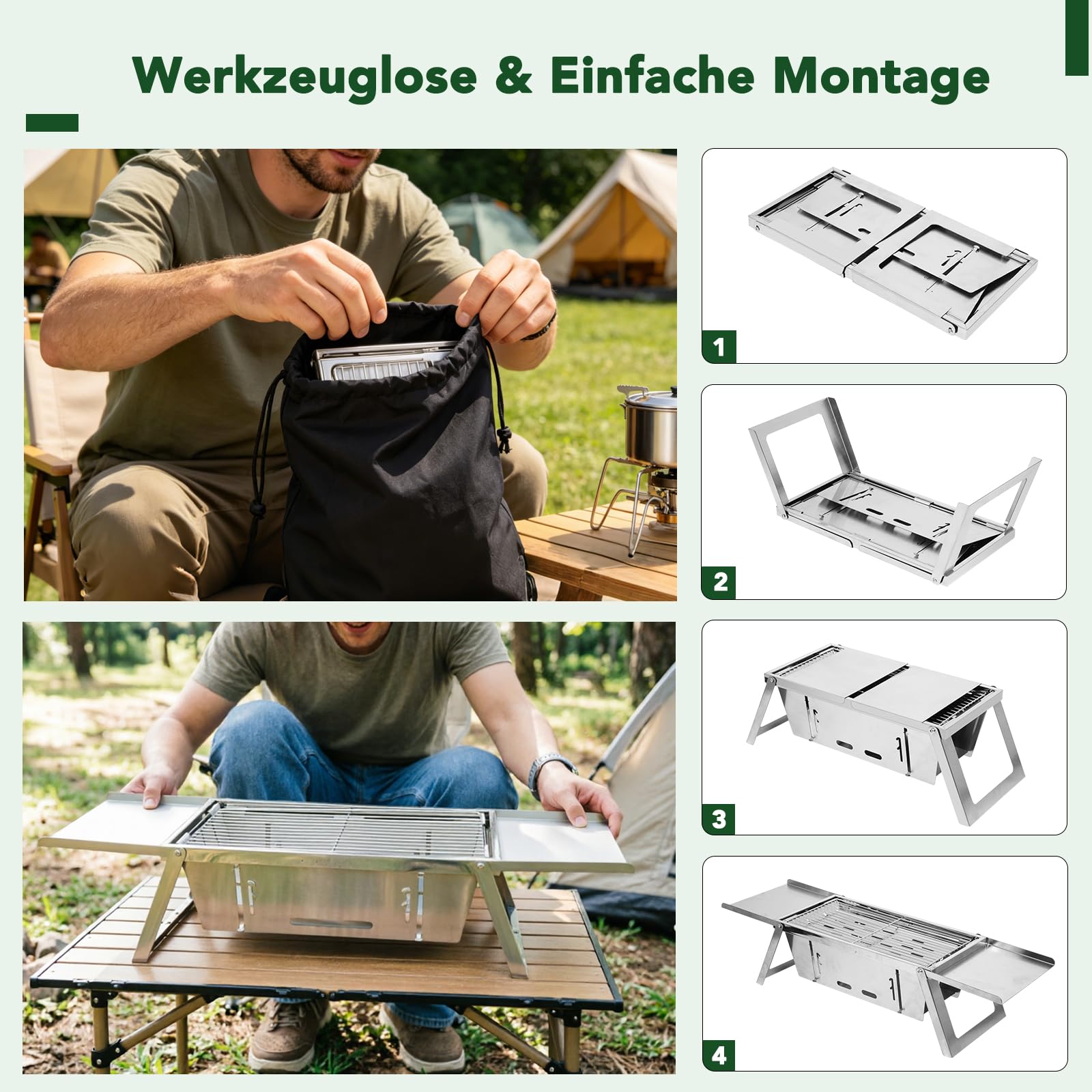 E EASTSTORM Camping Grill, Klappgrill Holzkohlegrill mit 3-stufiger Hitzeverstellung, Mini Tischgrill für 3-4 Personen, Ideal für Garten, Balkon, Strand & Reise, leicht zu Reinigen, 54x21x17.5cm