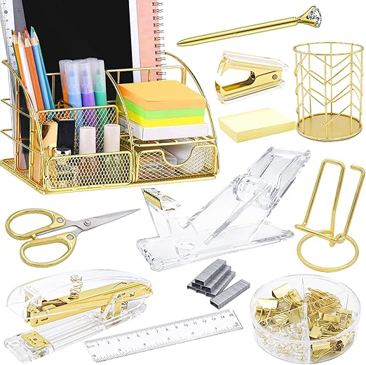 Gold Desk Organizers and Accessories,Office Supplies for Desk,13PS Set with Acrylic Stapler,Tape Dispenser,Staple Remover,Pen Holder,Clips,Scissor, Phone Holder,Pen