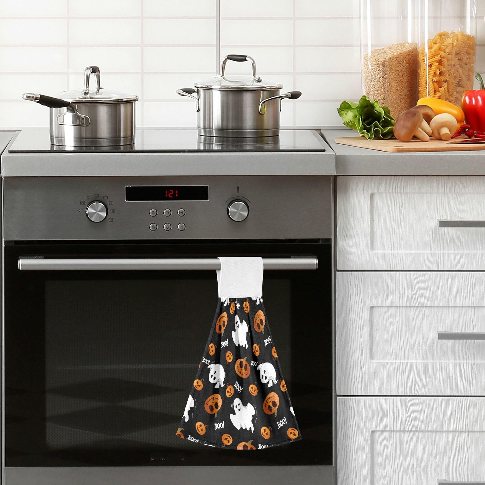 Set 2 Asciugamani Halloween In Cotone Ricamati A Mano - Fantasmi Bianco E Nero, 66x45.5 Cm, Per Bagno E Cucina