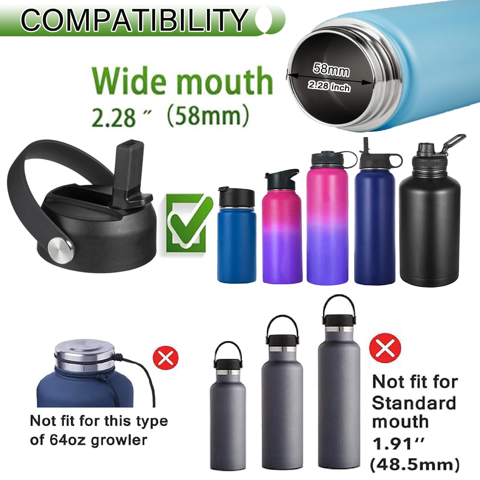 ZARZAVT Straw Lid for Hydro Flask Wide Mouth 18/32/40 oz - Leak-Proof Flip Spout & Flexible Handle Sports Cap | BPA-Free, Durable & Easy-Clean Design | Compatible with Wide Mouth 2.28” Water Bottles