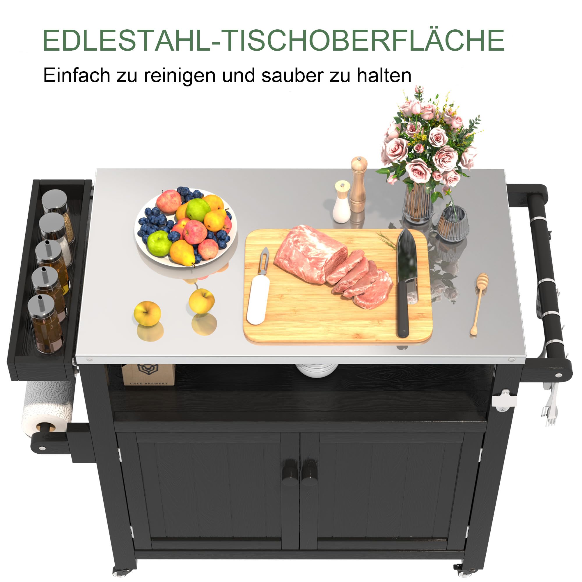 Wetterfeste HIPS Outdoor Kücheninsel mit Edelstahlplatte & Aufbewahrungsschrank, bewegliche Vorbereitungstisch mit Rädern für BBQ-Zubereitung, Outdoor Grillwagen für Parties, Schwarz