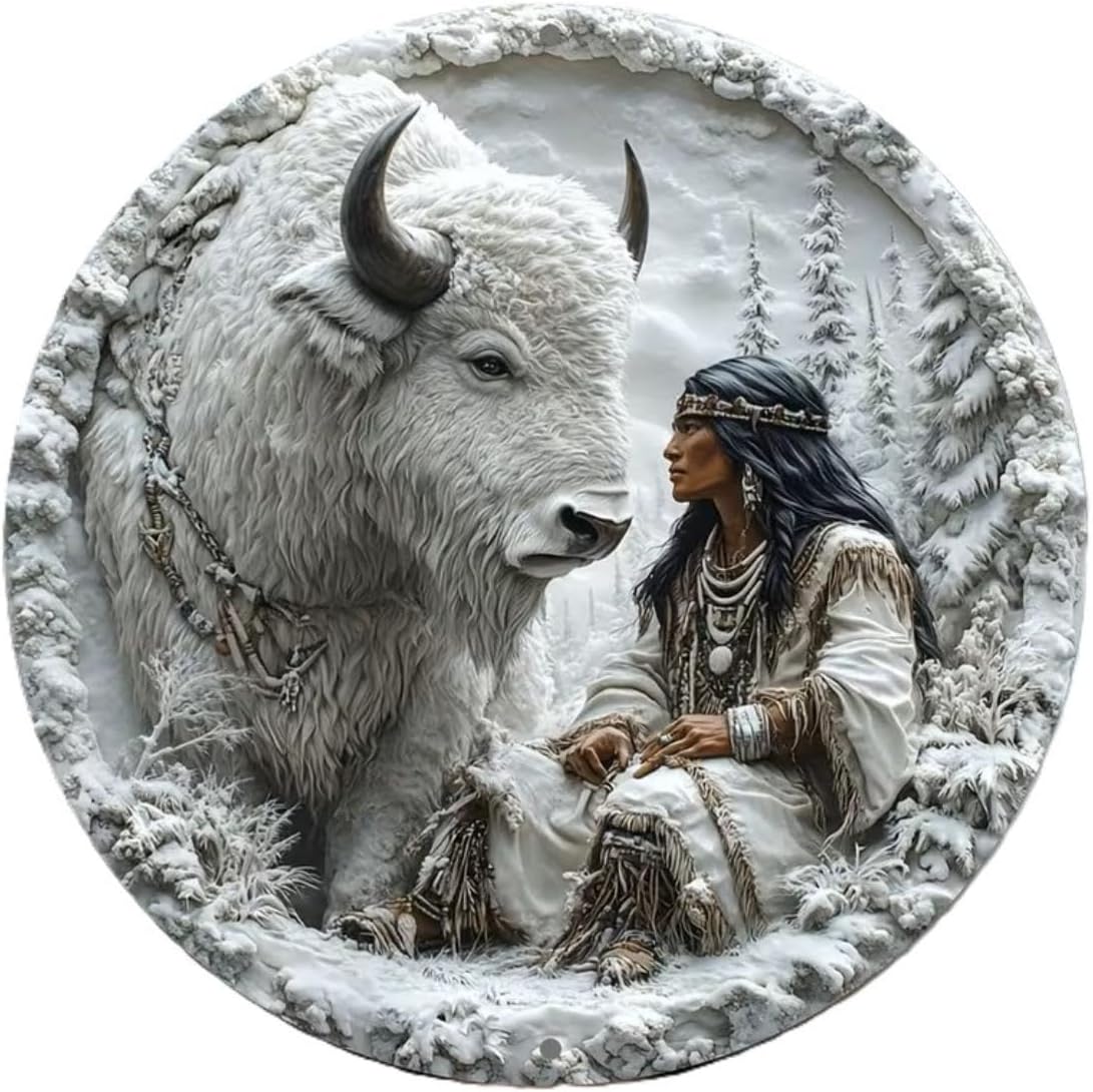 Generisch MU L269 Window Picture or Wall Picture Tin Sign Indian White Buffalo Diameter 20 cm
