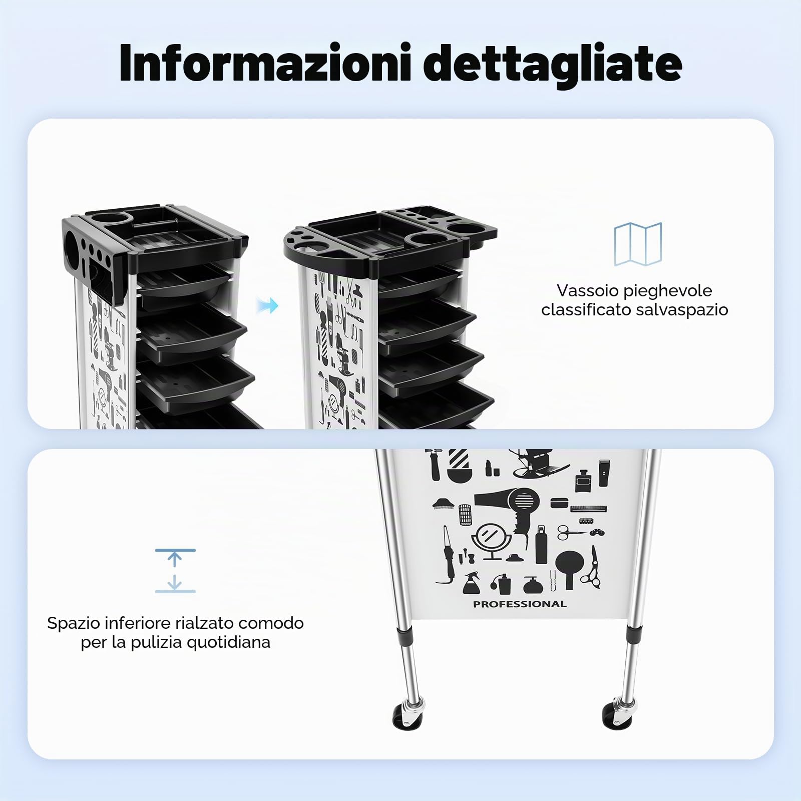 MINRS Carrello da parrucchiere, 52 x 36 x 90 cm, con 5 cassetti estraibili, per parrucchieri, parrucchieri, acconciature (bianco)