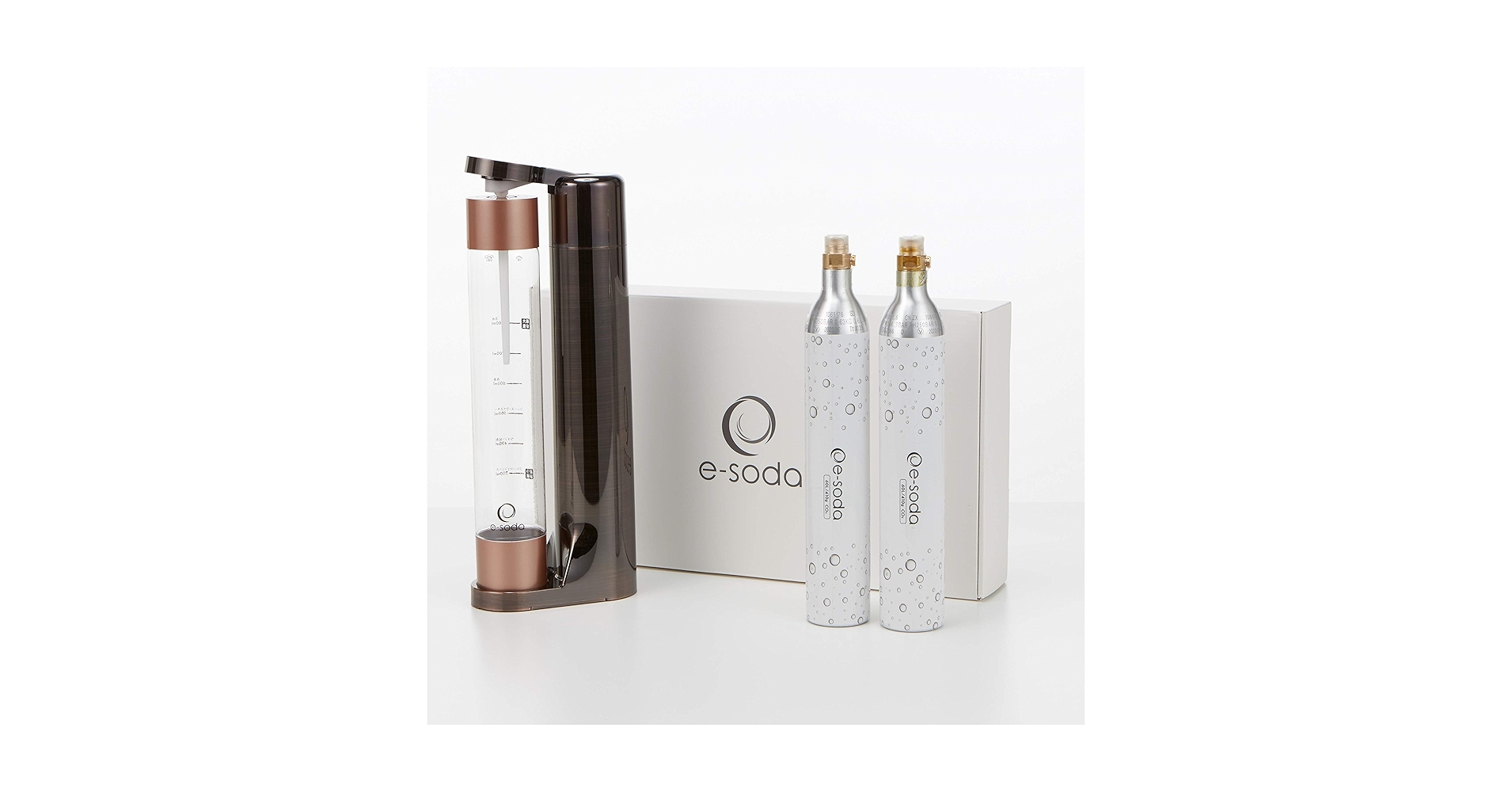 【新品未開封】e-soda ドリンク本体（ブロンズ）と炭酸ガスシリンダー3本 e-soda 炭酸水メーカー ドリンク ブロンズ メッキカラー【正規
