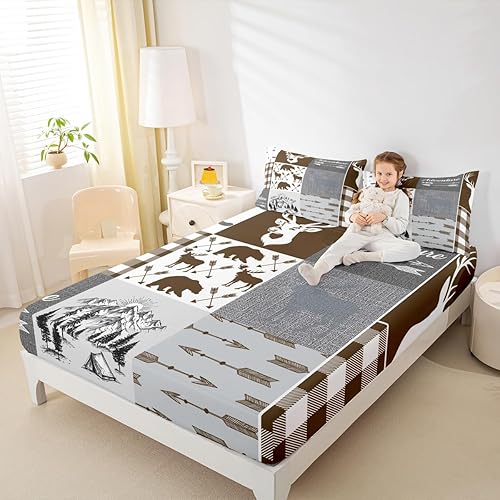 Miniatura 137 de Sábana bajera ajustable de oso de caza, juego de ropa de cama a cuadros de búfalo, sábanas de retazos de cabaña rústica para niños, niños, Multi