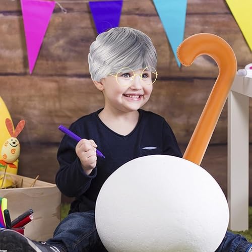 Miniatura 6 de Disfraz de anciano para 100 días de escuela, disfraz de anciano, peluca de hombre mayor, gafas, juego de bastón inflable para niños, disfraz de