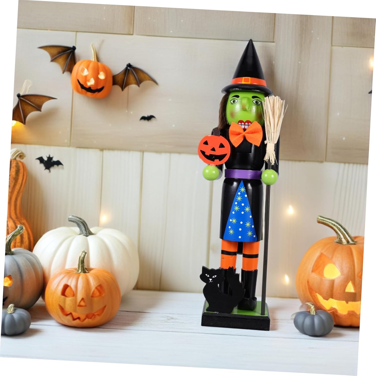 Cabilock Halloween Wooden -Lantern Nutcracker Figurine Handpainted Pumpkin Witch Decor for Spooky Party Centerpieces for Halloween Celebrations