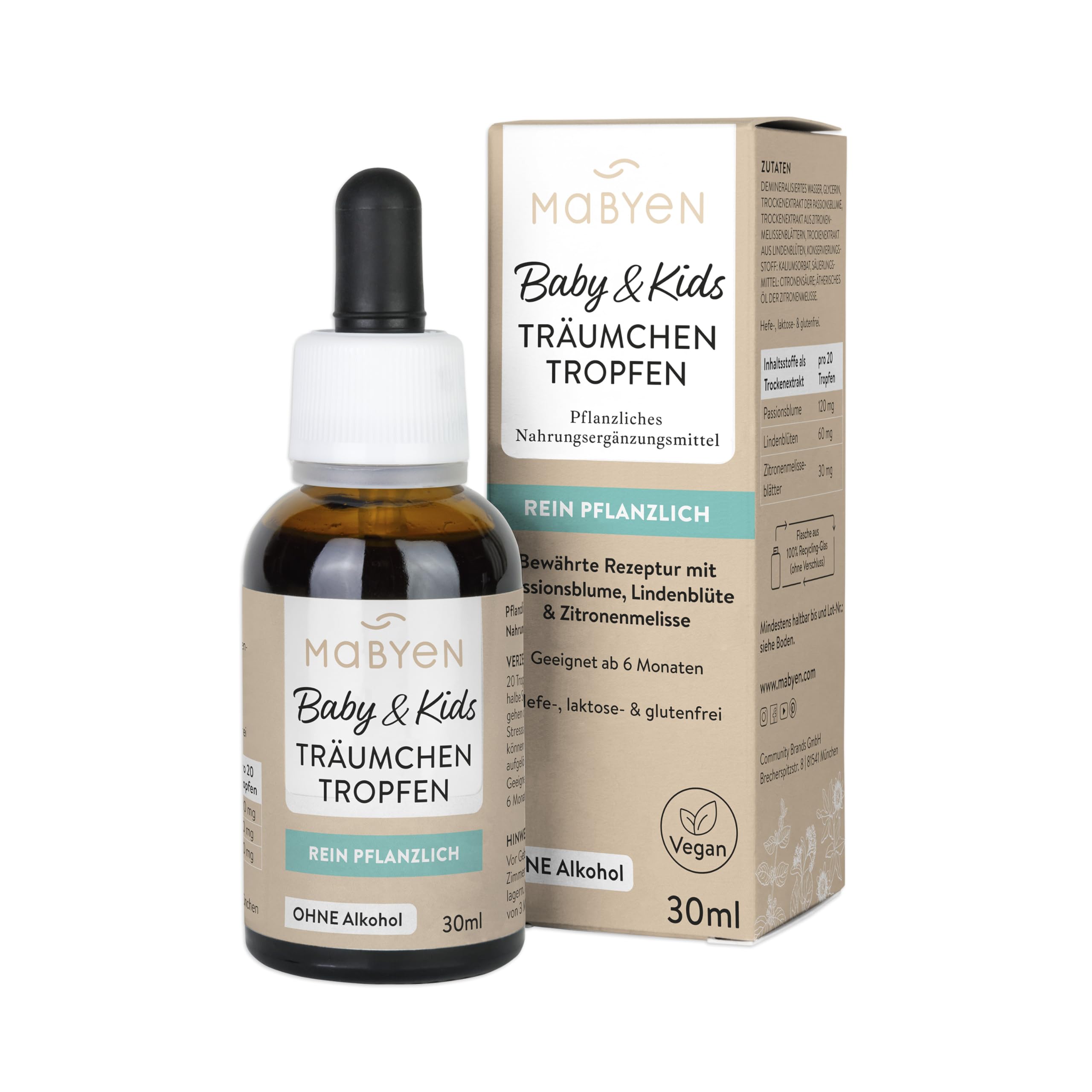 MABYEN Baby Wohlfühl Set - Naturkosmetik, zuckerfrei, ohne Alkohol, vegan, Geschenkset - 3 Produkte + Stoffbeutel - Zahnungsgel, Bäuchleintropfen und Träumchentropfen