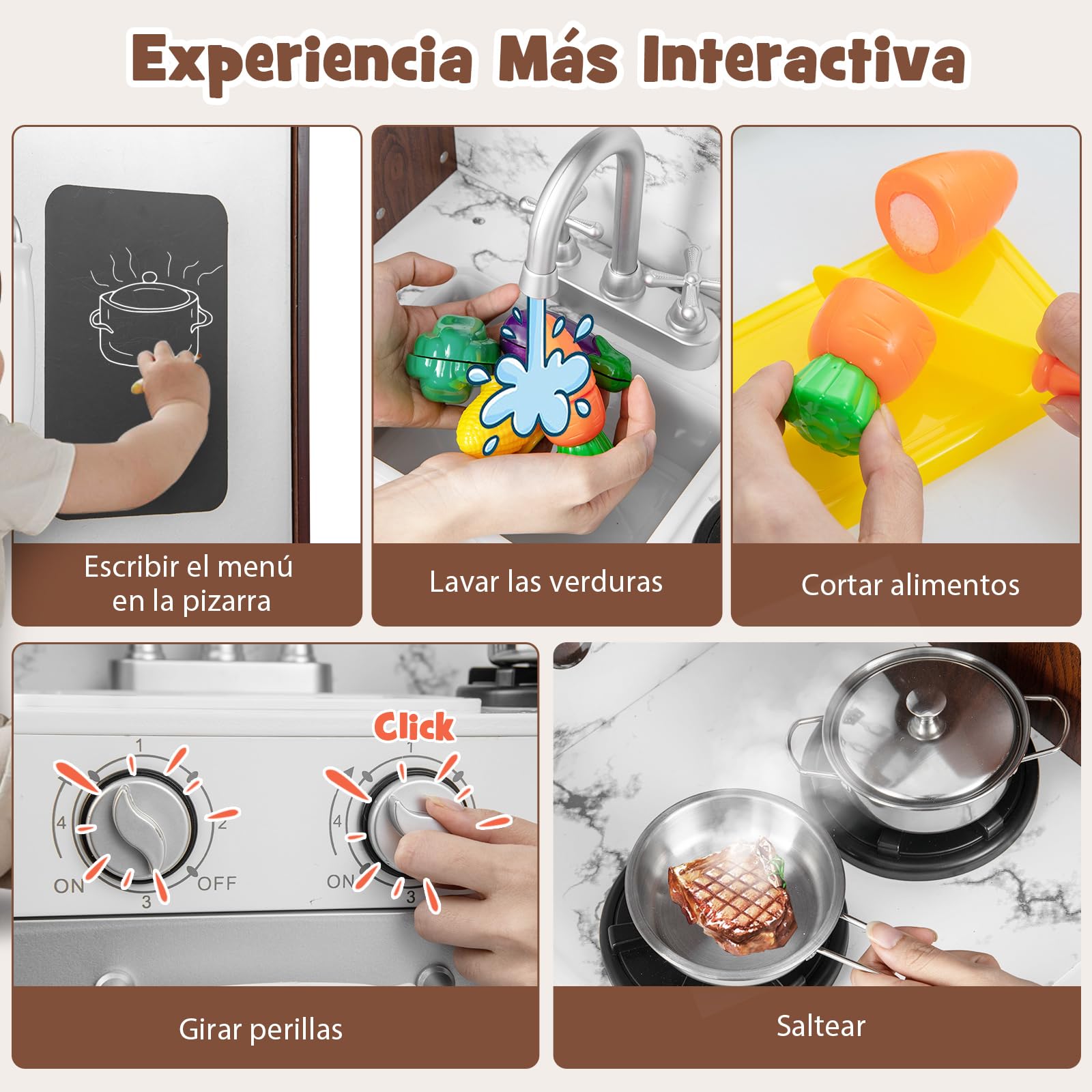 COSTWAY Juego de Cocina Juguete para Niños, Cocinita Infantil de Juguete con Luces y Sonidos Atractivos, Campana Extractora y Microondas, Máquina de Hielo y Pizarra, Fregadero, Toallero