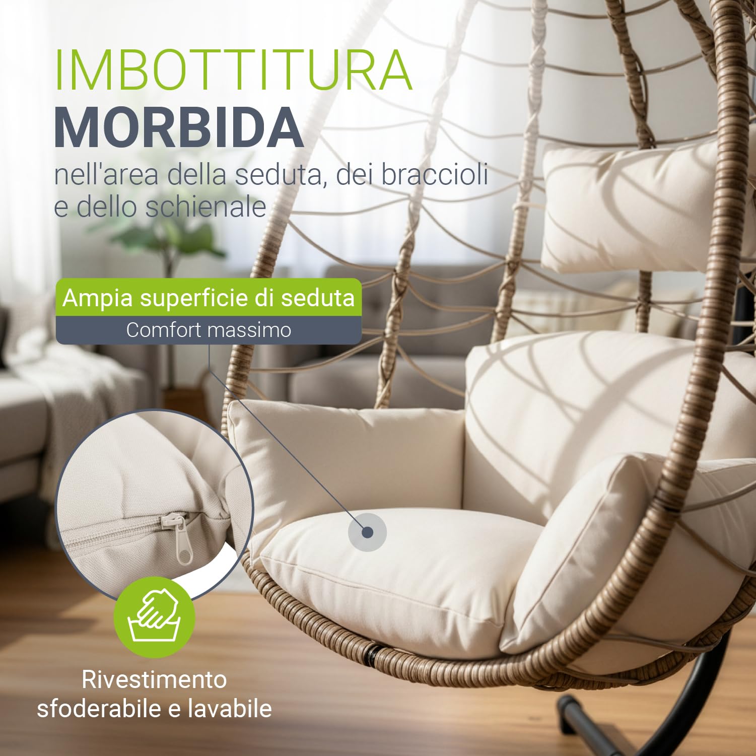 Juskys Sedia sospesa Lani con cuscini - regolabile in altezza e pieghevole - polyrattan dondolo sospeso per esterni e interni - Poltrona a uovo sospesa Beige fino a 130 kg
