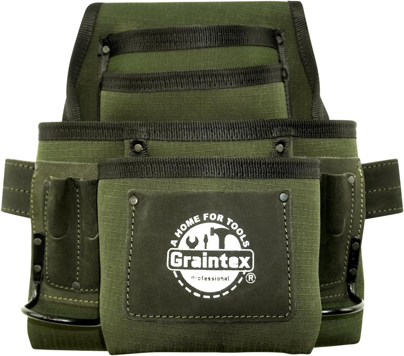 GRAINTEX 10 Pocket Professional Nail & Tool Pouch, Ripstop Canvas Double Layered, Leather Trim, Steel Hammer Holders, for Framers, Constructors, Electricians, Plumbers, Handyman, DIYers