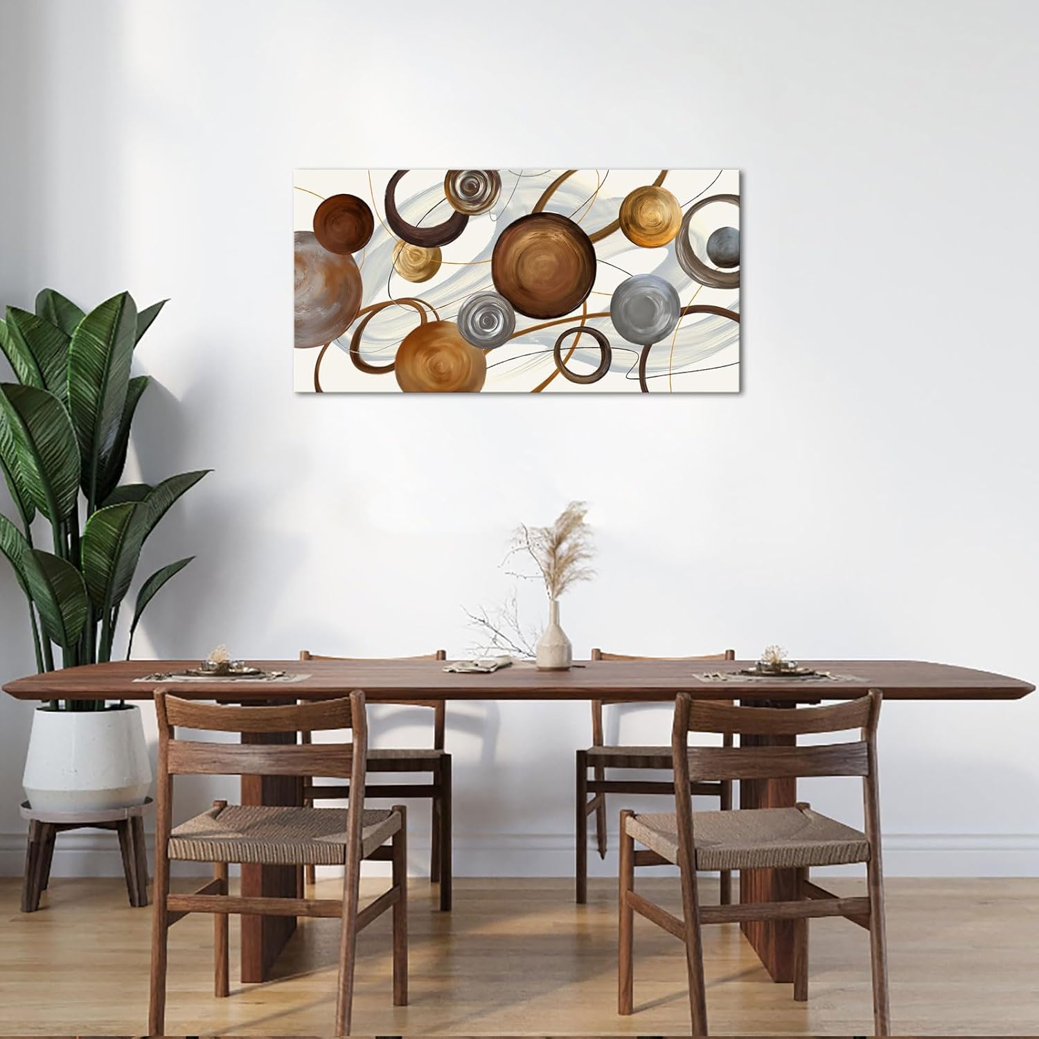 VANSEEING Abstract Wall Art for Living Room Canvas Prints Brown White Grey Geometric Circle Painting Modern Artwork Wall Decor for Office Bedroom Decoration 20" x 40"