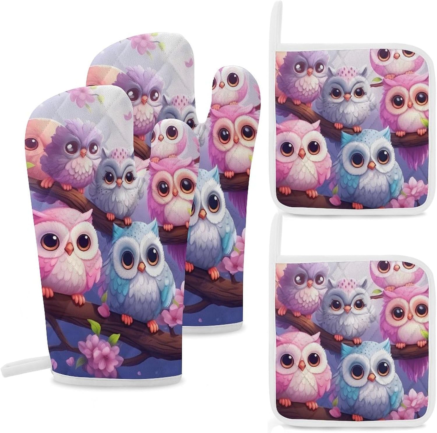 Cute Owls in Tree 4 Pcs Oven Mitts and Pot Holders Set High Heat Resistant Long Kitchen Oven Glove Potholders