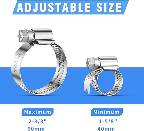 Miniatura 2 de 24 abrazaderas de manguera resistentes de acero inoxidable de 304, abrazadera de manguera de 1-58 pulgadas a abrazadera de manguera de 2-38 pulgadas