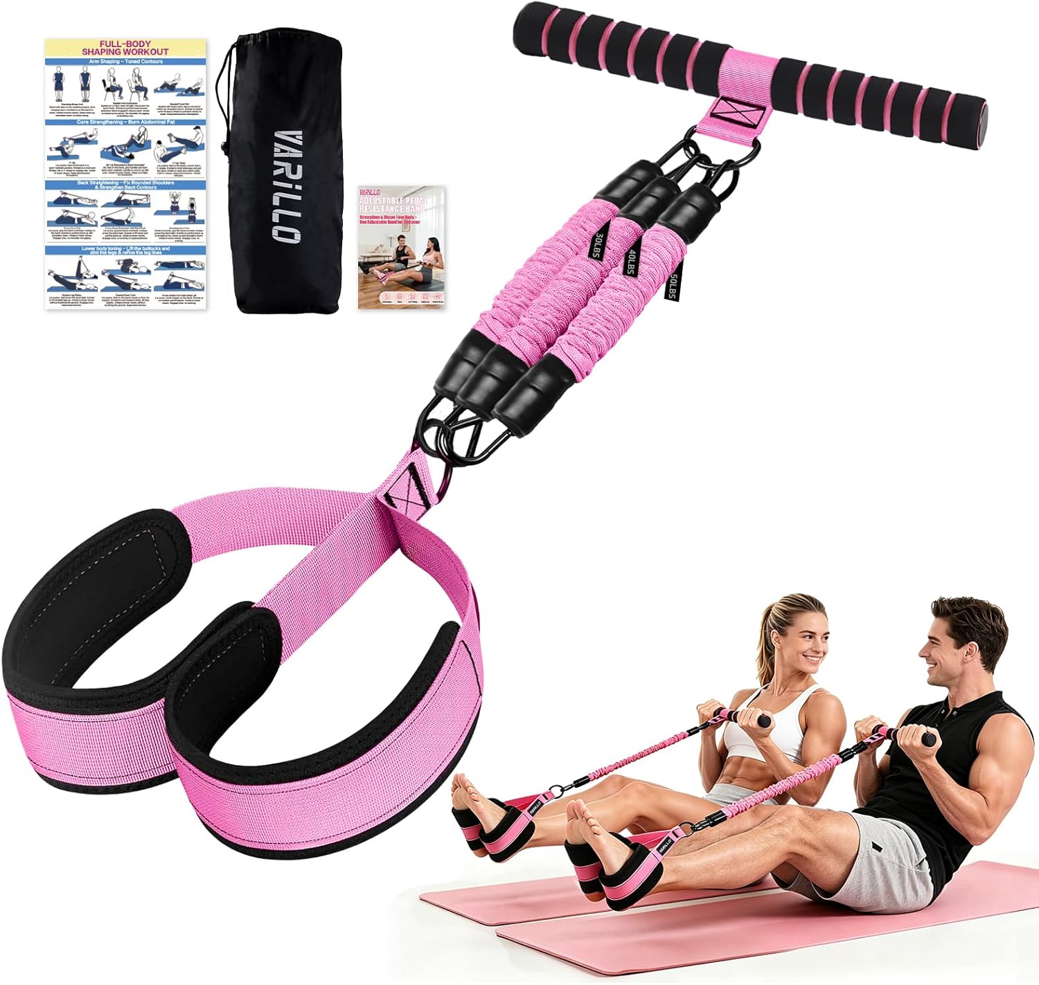 Multifunction Pedal Resistance Band with Handle, 30/40/50LB Adjustable Foot Pedal Puller Resistance Band with Poster & Storage, Extended Length Tension Rope for Men Women Full Body Workout Home Gym