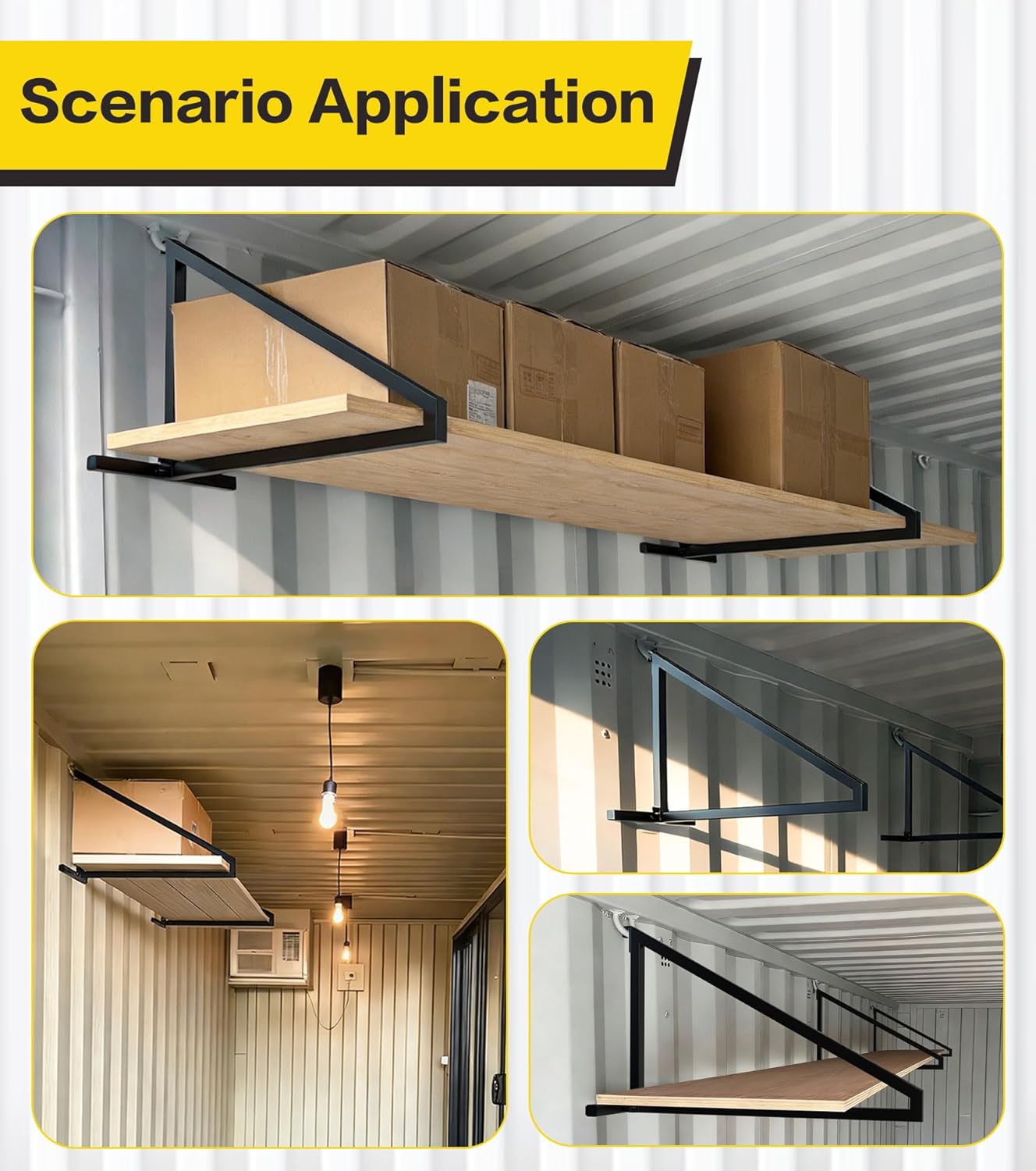 4 Pack Shipping Container Shelving，1 Tier Shipping Container Shelf Brackets，Black Powder-Coated Steel, 650 lbs Capacity per Stand, Easy to Install and Remove