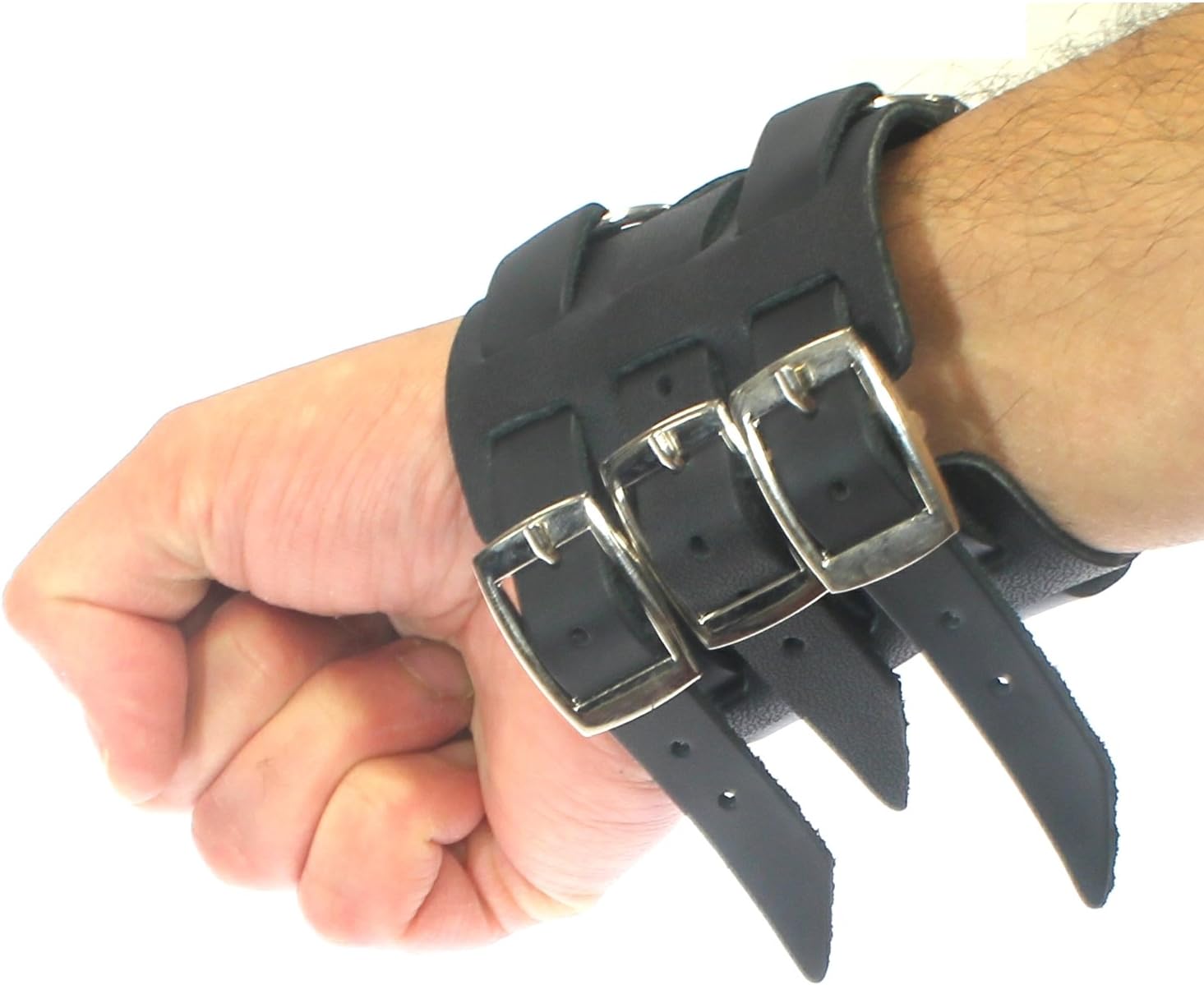 Wide Triple Strap Leather Cuff Wrap Gothic Wristband Bracelet With Buckle Fastening - BLACK LEATHER