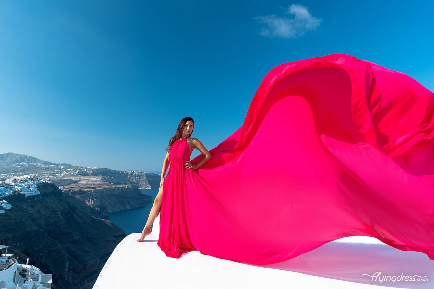 Blue and Fuchsia Halter top Long Tail Flying Dress for Women's Wedding, Maternity Photoshoot Santorini Flying Dress for Photoshoot | Long Tail Satin Maxi