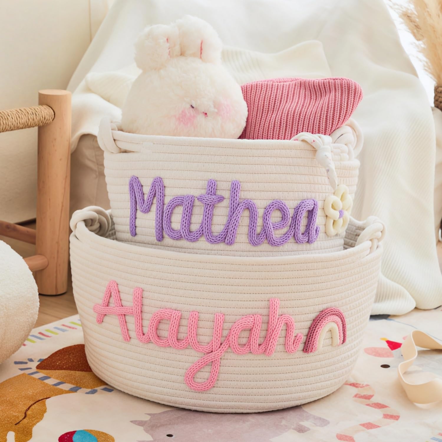 Personalized Baby Shower Basket, Custom Name Woven Cotton Rope Bin