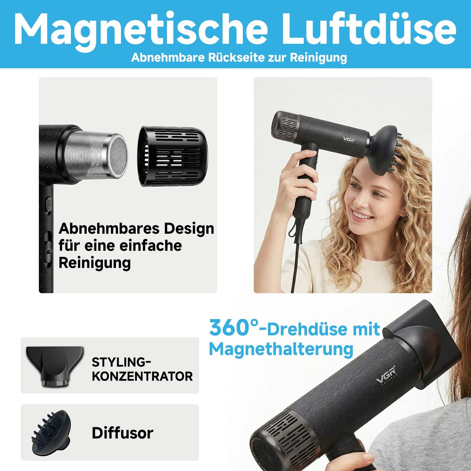 VGR 640 HD Haartrockner Professioneller, Hair Dryer Mit 11000 U/min Motor | Föhn Mit Drei Magnetischen Styling Aufsätzen Schnelles Trocknen, Ionen Föhn Mit Abnehmbare Reinigungsrückseite