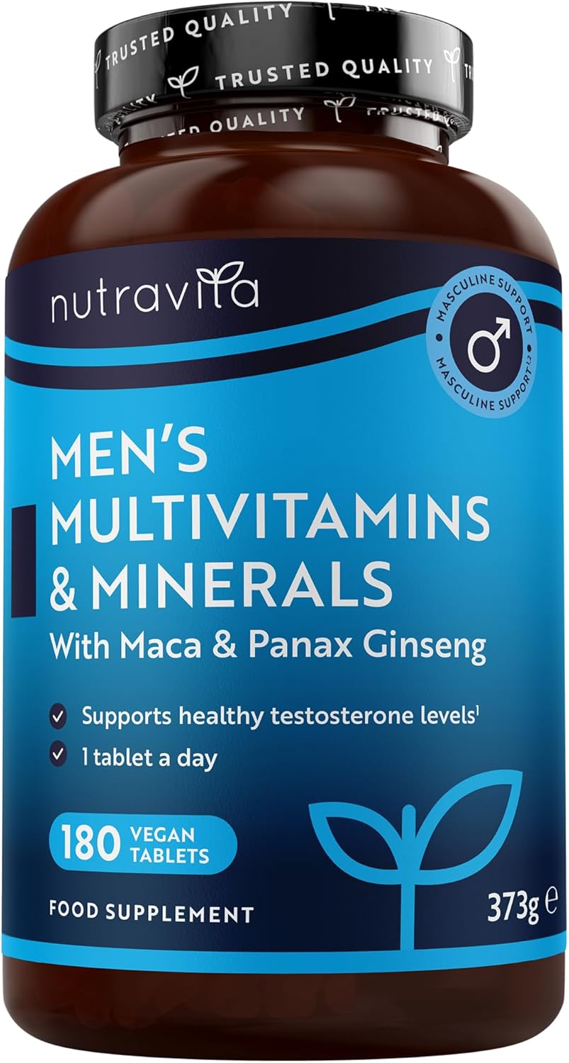 Nutravita Multivitamins & Minerals for Men – 25 Essential Active Vitamins & Minerals with Maca Root & Panax Ginseng – 180 Vegan Multivitamin Tablets – Multivitamin Tablets High Dose