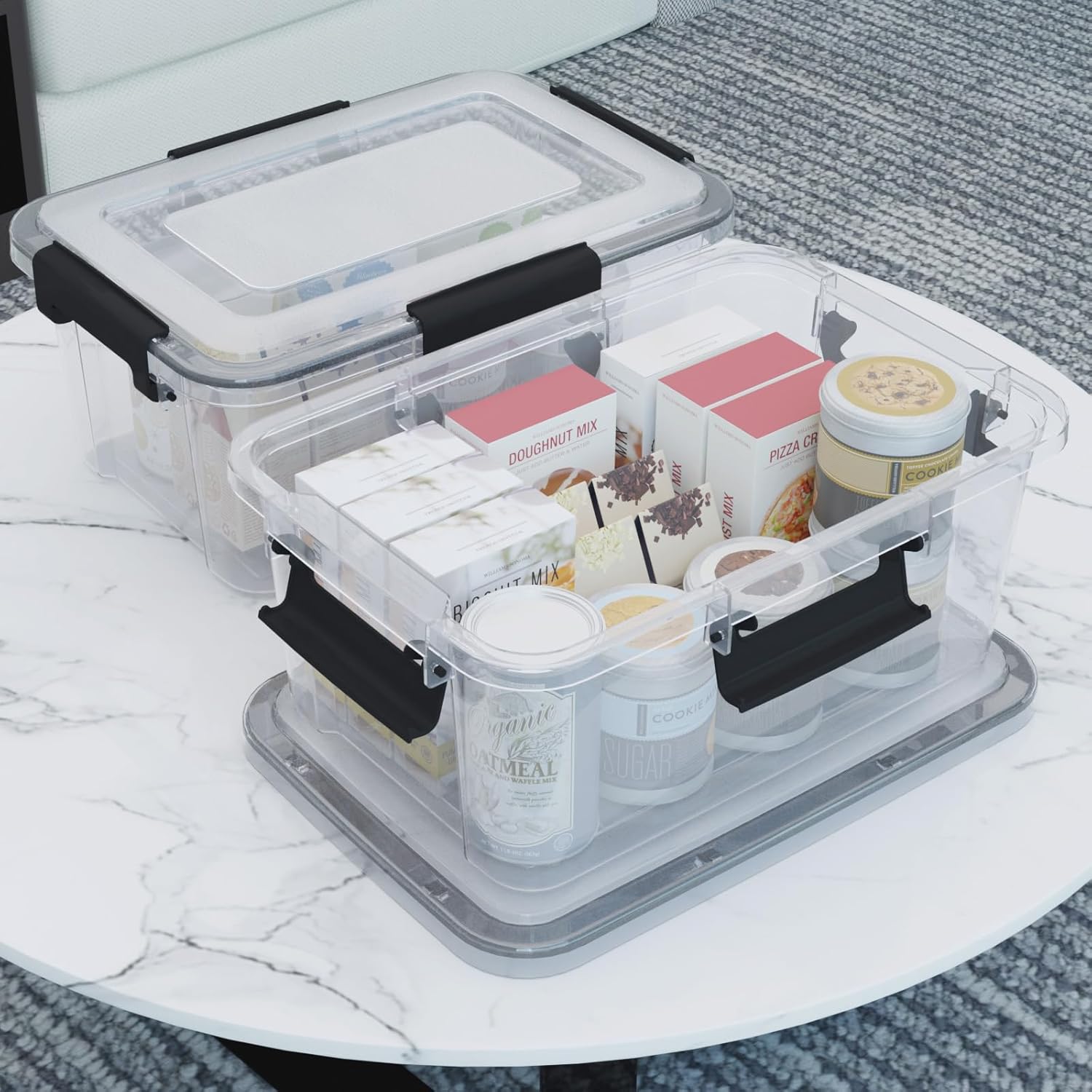 Set of 6 WeatherPro 12 Quart Plastic Latching Box with Gasket Seal Lid, Clear Stackable Storage Container Tote Bin