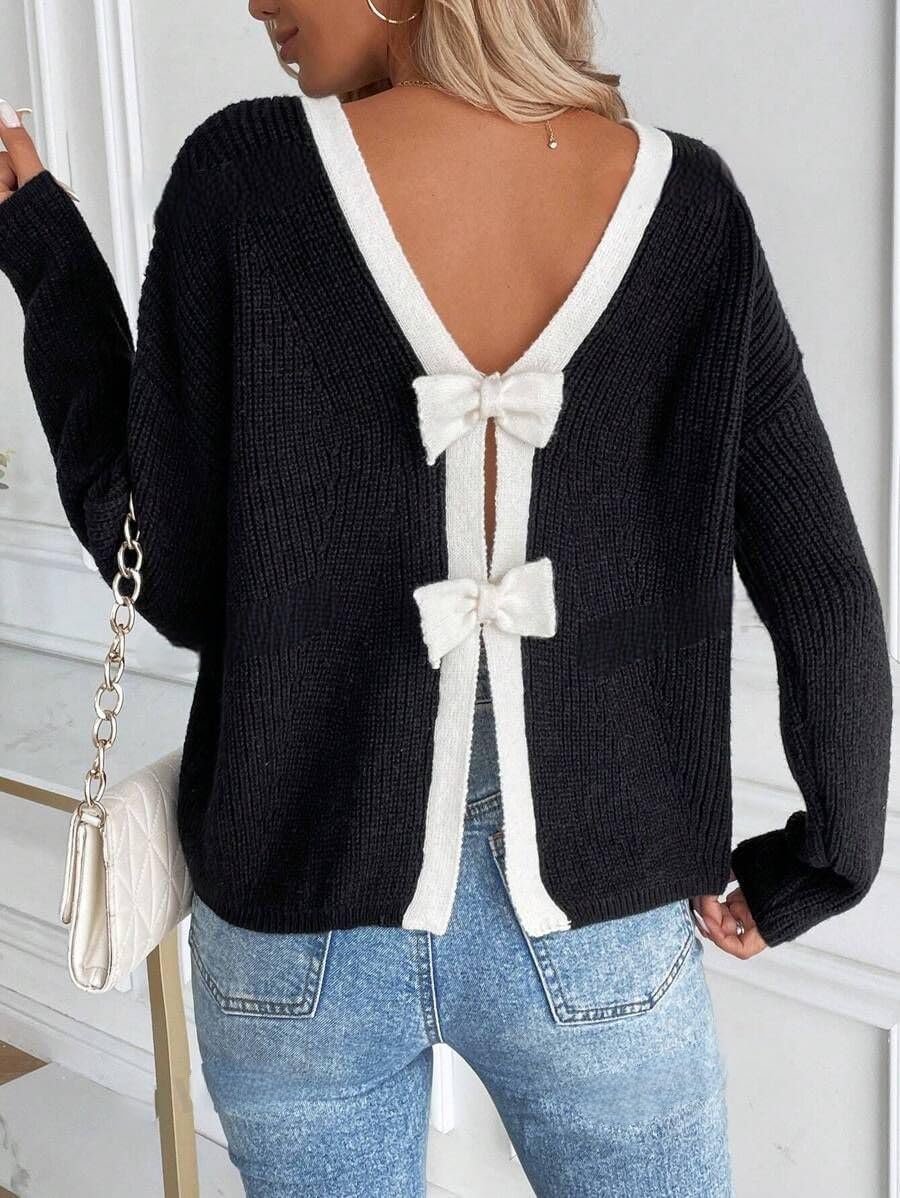 ZAFUL Sweater for Women Backless Bow Knot Decor Color Block Long Sleeves Knit Sweater Pullover - Image 5