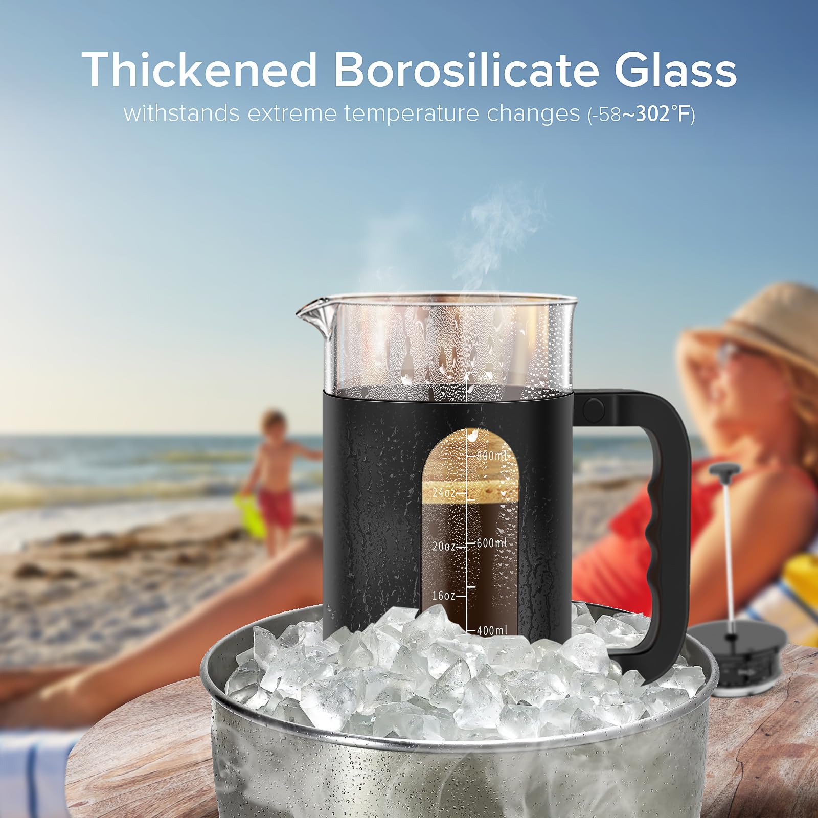 QUQIYSO Cafetera de prensa francesa, prensa francesa de acero inoxidable 304 con 4 filtros, vidrio de borosilicato resistente al calor, fácil de limpiar, sin BPA, cafetera sin óxido, 34 onzas, color