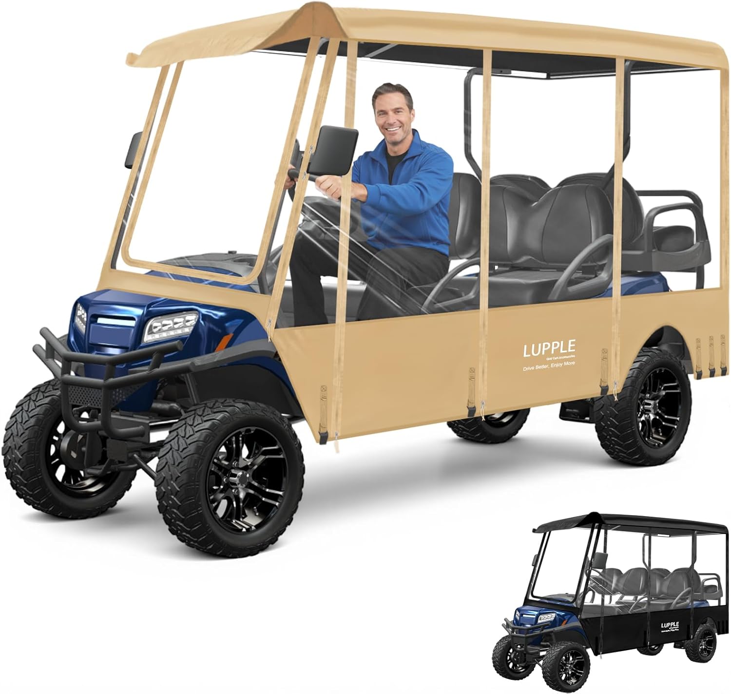 Universal 6 Passenger Golf Cart Enclosure Rain Cover for Yamaha Club Car Ezgo Long Roof 120 in, 6 Seater Driving Rain Cover with 4-Sided Roll-up Zipper Door Waterproof Windproof Black