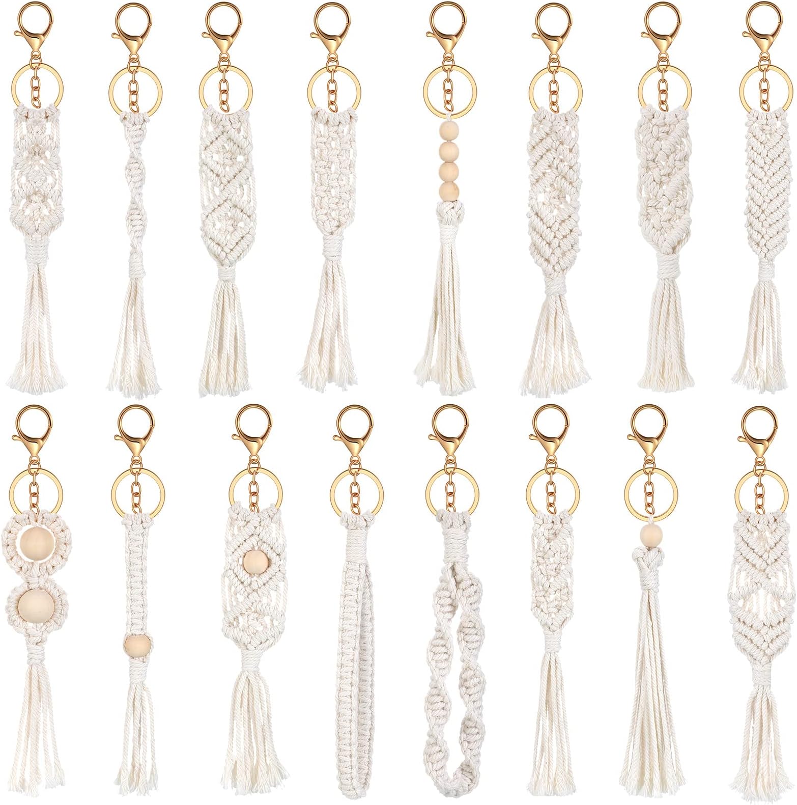 JunkinJunkin 16 Pack Mini Macrame Keychains Cute Boho Macrame Bag Charms Handcrafted Aesthetic Boho Car Accessories Boho Keychain for Women Tassel Keychain for Car