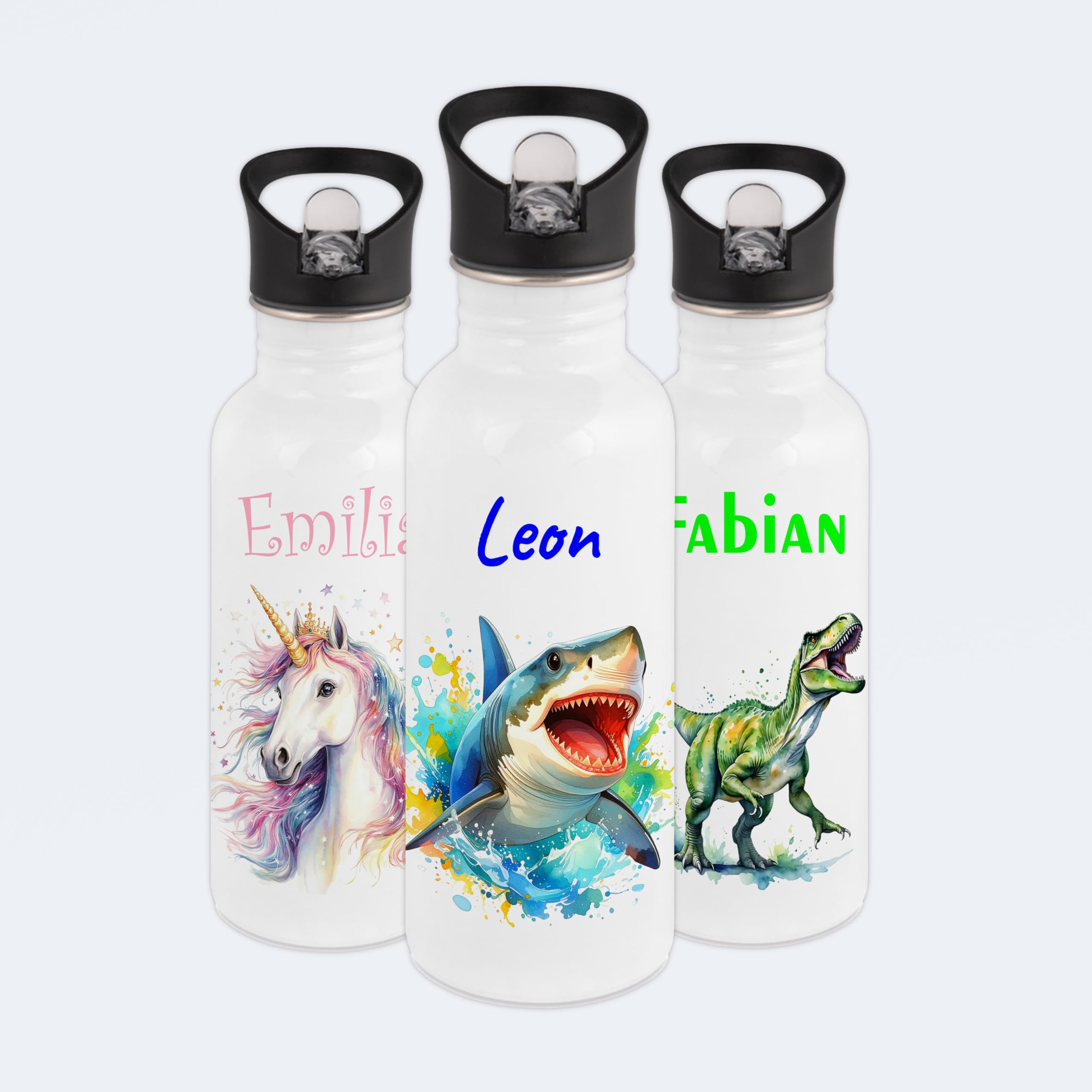 Gravur-Max Kinder Trinkflasche 600 ml personalisiert - Hai - auslaufsichere Edelstahl Trinkflasche mit Trinkhalm & Klappdeckel – BPA-frei, leicht & robust – mit Namen bedruckt - Weiß