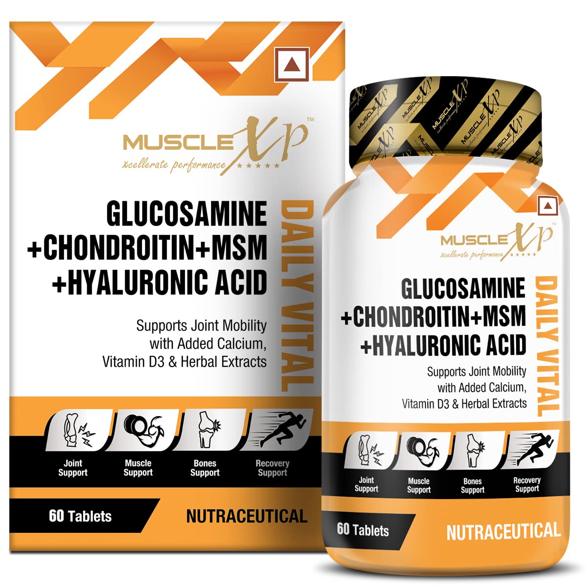 MuscleXP Glucosamine + Chondroitin + MSM + Hyaluronic Acid Daily Vital, For Joint Mobility With Added Calcium, Vitamin D3 & Herbal Extracts, 60 Tablets