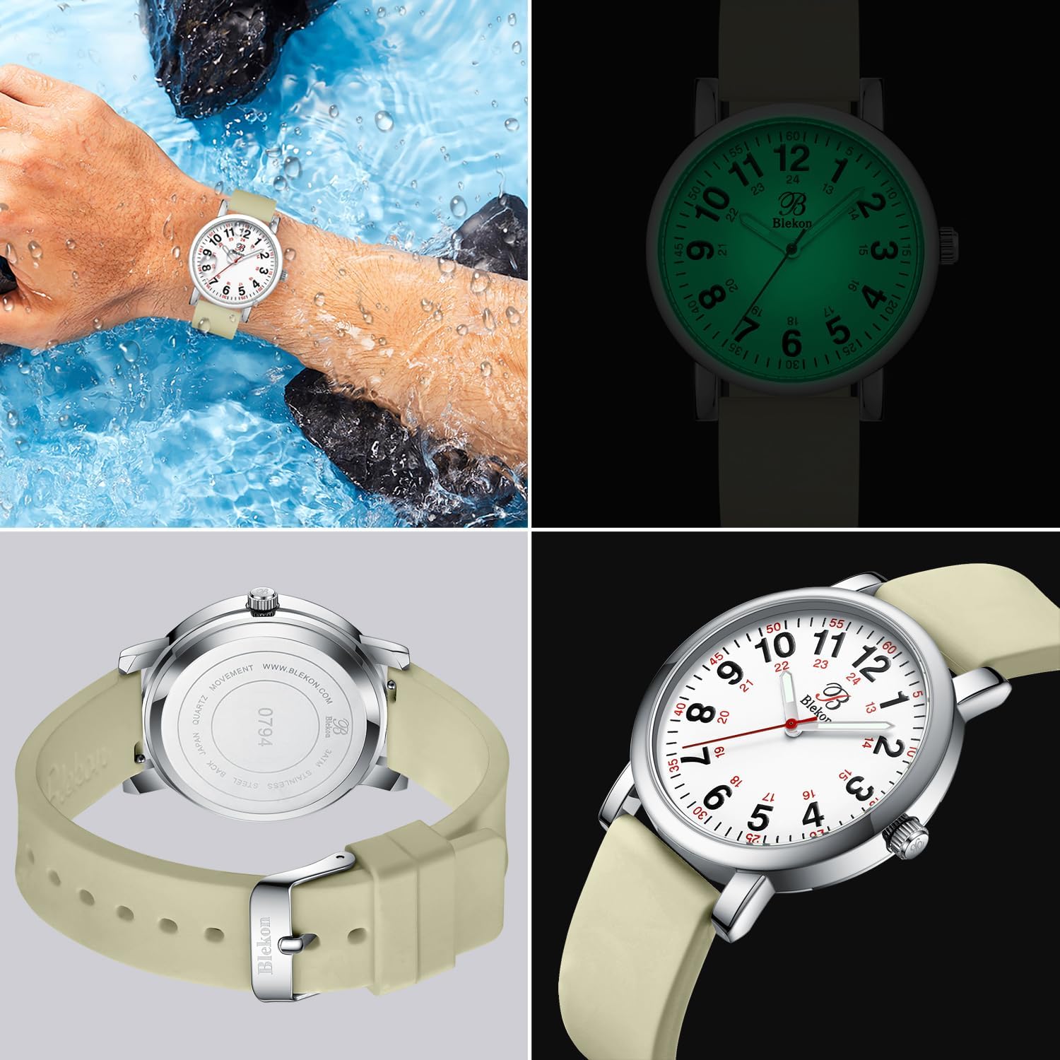 Blekon Original Nurse Watch with Second Hand – Nursing Student Essentials Work Watches for Women, Clip-On Analog Wristwatch for Nurses & Medical Students with Sweeping Secondhand (White/SAGE)