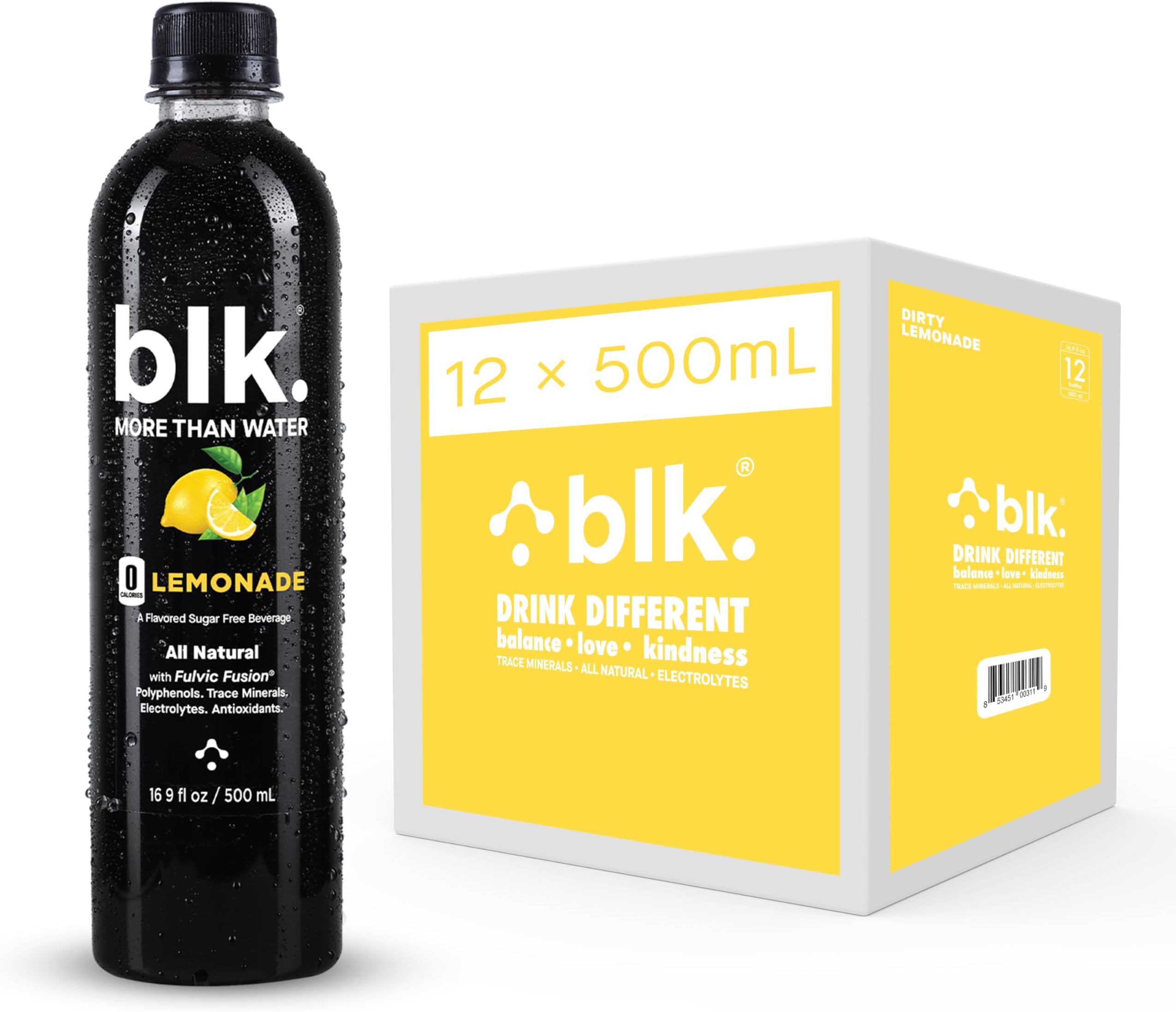 blk. Natural Alkaline Mineral Water Electrolyte Infused with Fulvic and Amino Acids, Zero Sugar Drink, Lemonade Flavored, 16.9 Ounce (500 mL), Pack of 12