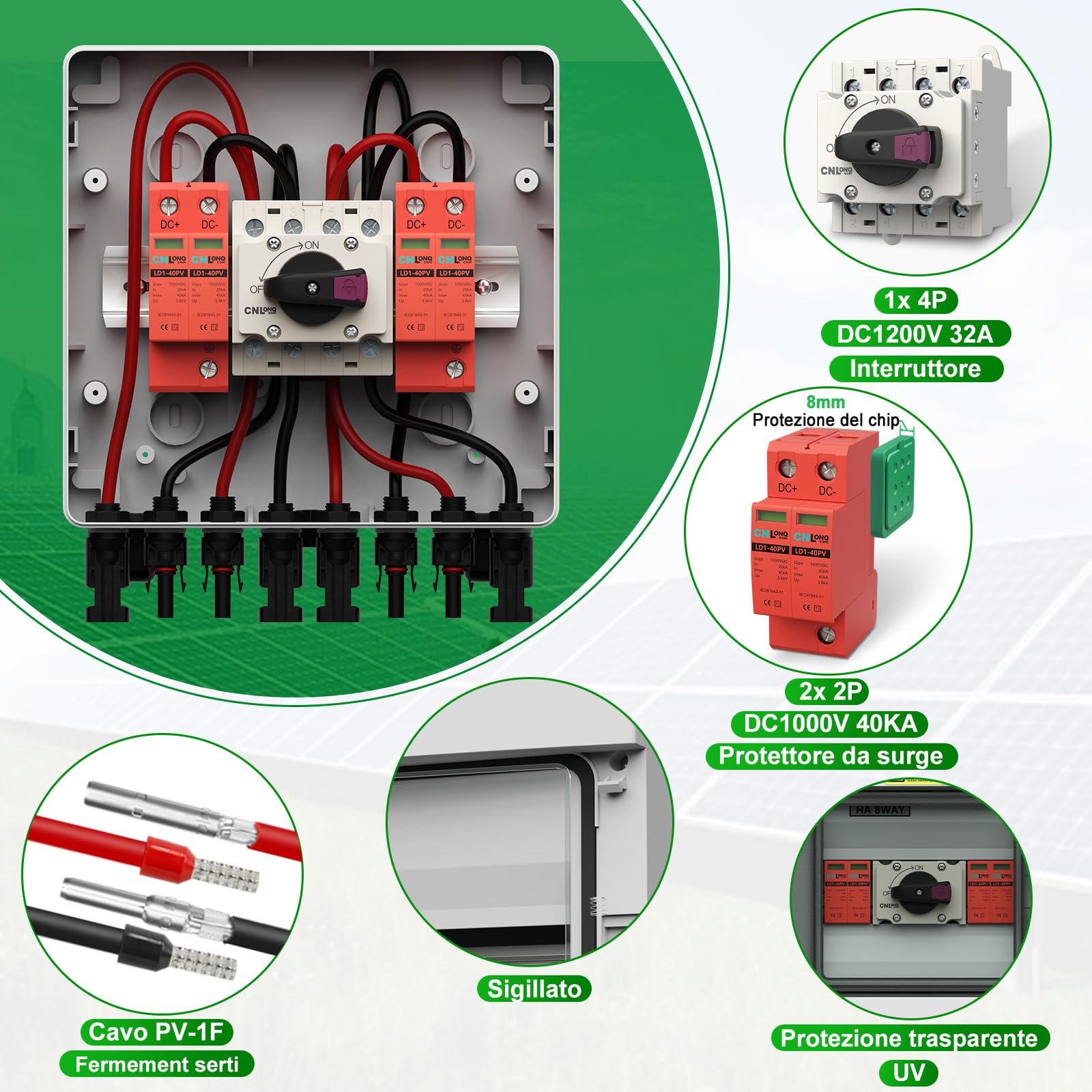 Protezione da Sovratensione Solare PV DC1000V 32A Sezionatore Solare 2 ingressi 2 uscite e Scaricatore di Sovratensione con Scatola di Giunzione Impermeabile IP65 per Pannelli Fotovoltaici
