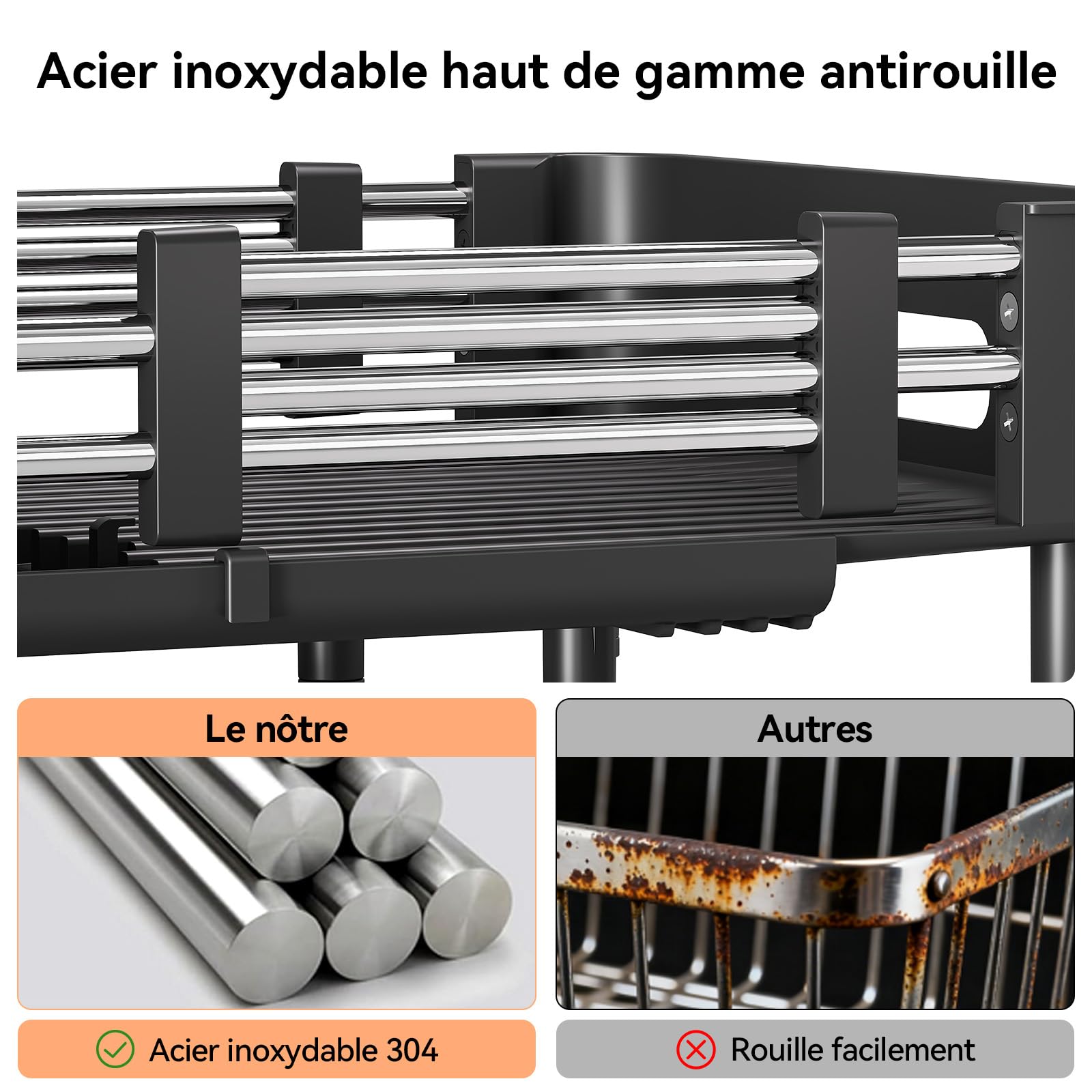 Urackify Scolapiatti espandibile | Pieghevole, in acciaio inox, portaposate rimovibile, supporto per piatti antigraffio