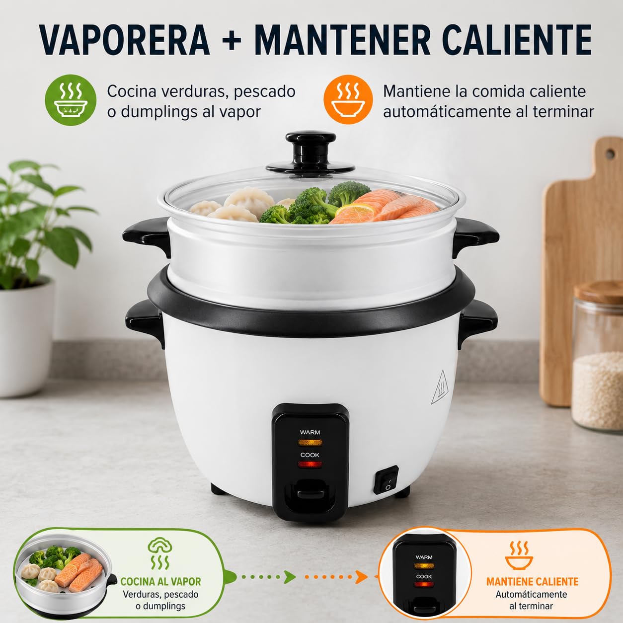 Arrocera Eléctrica 700W, Vaporera, Cuba Antiadherente, 7-8 Raciones (1,8L) | Función mantener caliente, tapa de vidrio, protección térmica y accesorios.