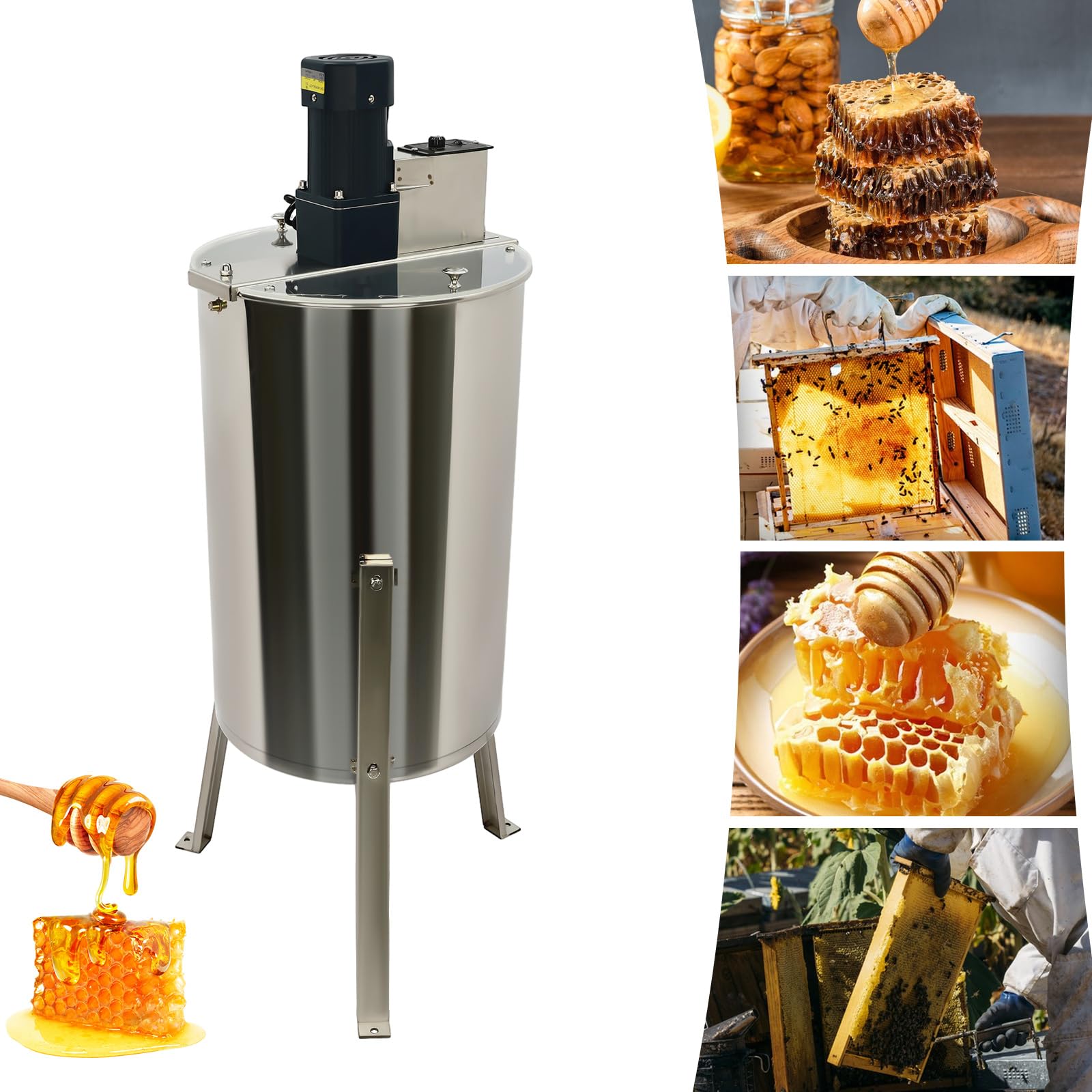 Estrattore di miele per alveare, centrifuga di miele elettrica 4 cornici, 140 W, in acciaio inox, estrattore di miele con coperchio per 2 telai grandi e 2 piccole cornici, apicoltori e apicoltori
