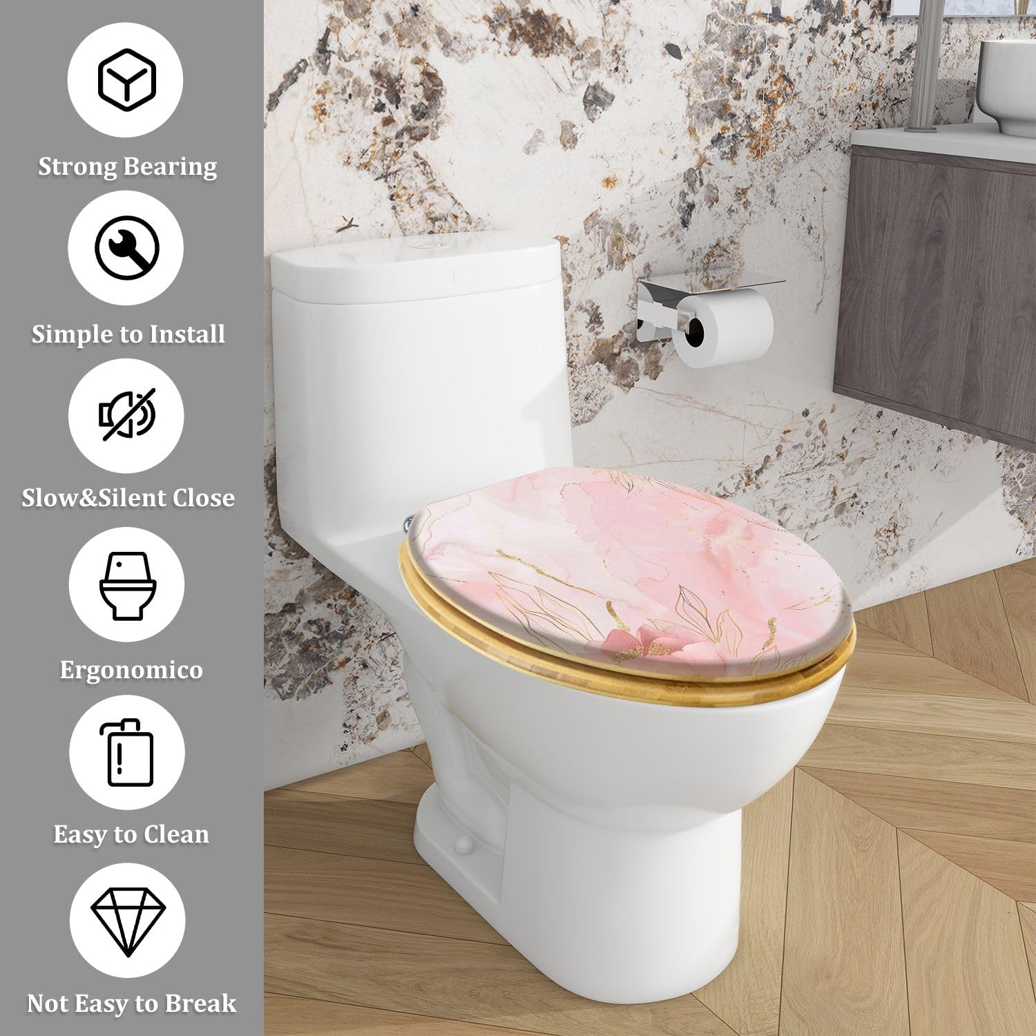 Sedile WC Allungato con Copriwater Dal Design Floreale Astratto, Rosa Cipria E Oro, Facile Da Installare, Chiusura Silenziosa, Cerniere A Sgancio Rapido, Elemento Decorativo per Il Bagno.