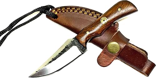 Miniatura 6 de Titan International Knives Cuchillo de cuello hecho a mano de acero al carbono 1080  Hoja de escamas forjadas Mango de palisandro  Funda de cuero
