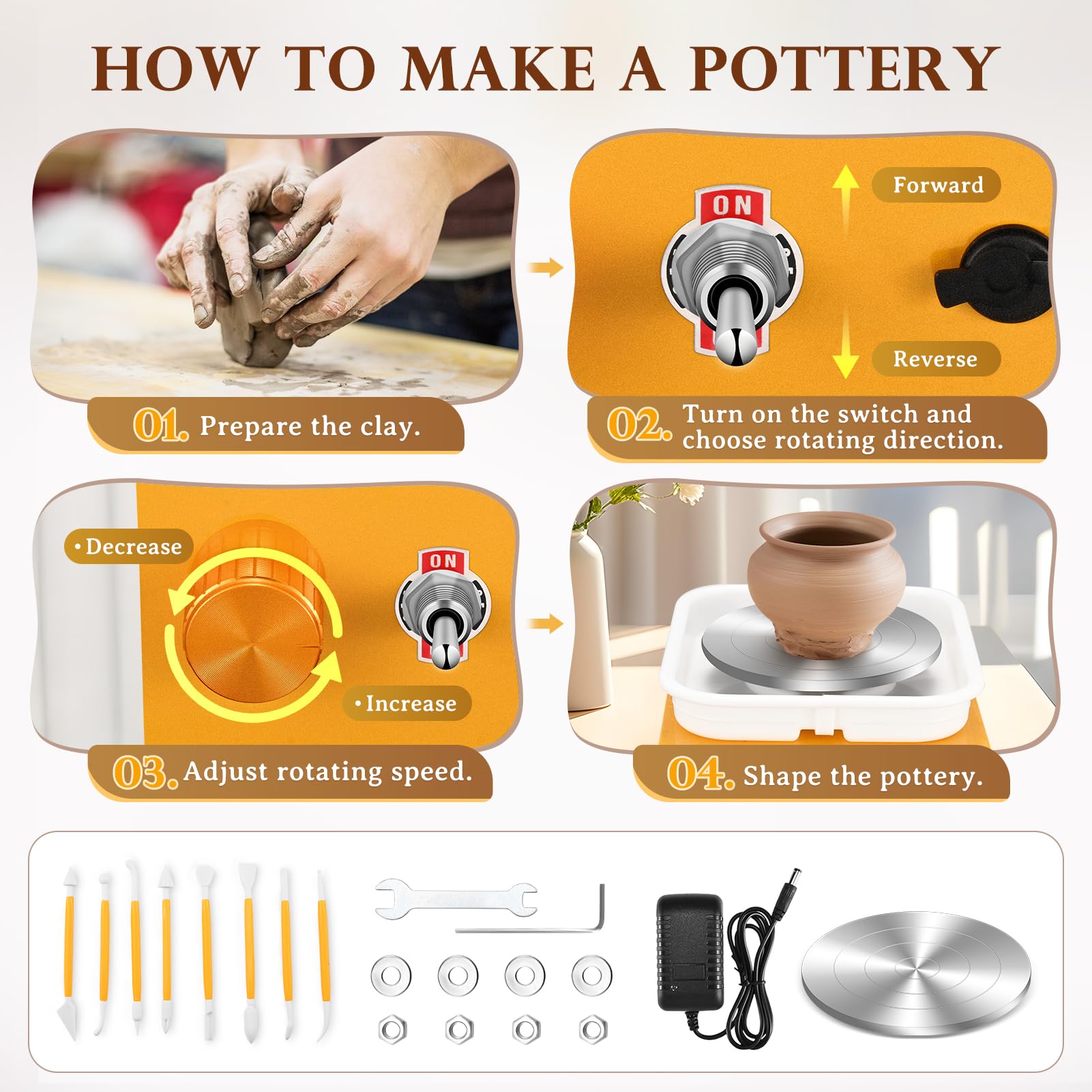 Tour de Potier, Kooeuru Tour Poterie 2000 tr/min Vitesse Réglable avec Plaques de 10/6,5 cm, Outils de Façonnage et Bassin Amovible, Tour Potier Poterie Enfant et Adultes (Jaune)