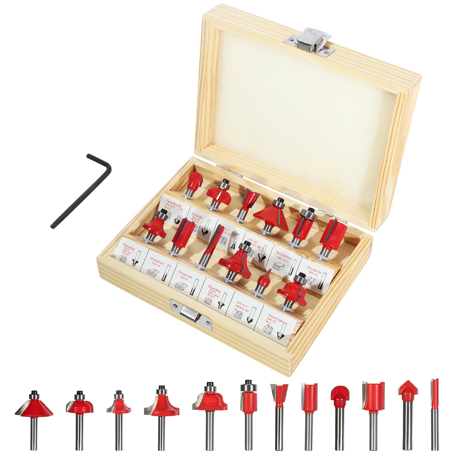 Set di 12 Frese in Carburo di Tungsteno per Fresatrice Verticale - Gambo da 6 mm | Cassetta in Legno per Punte da Fresa | Accessori Professionali per Lavorare Legno, MDF e Plastiche