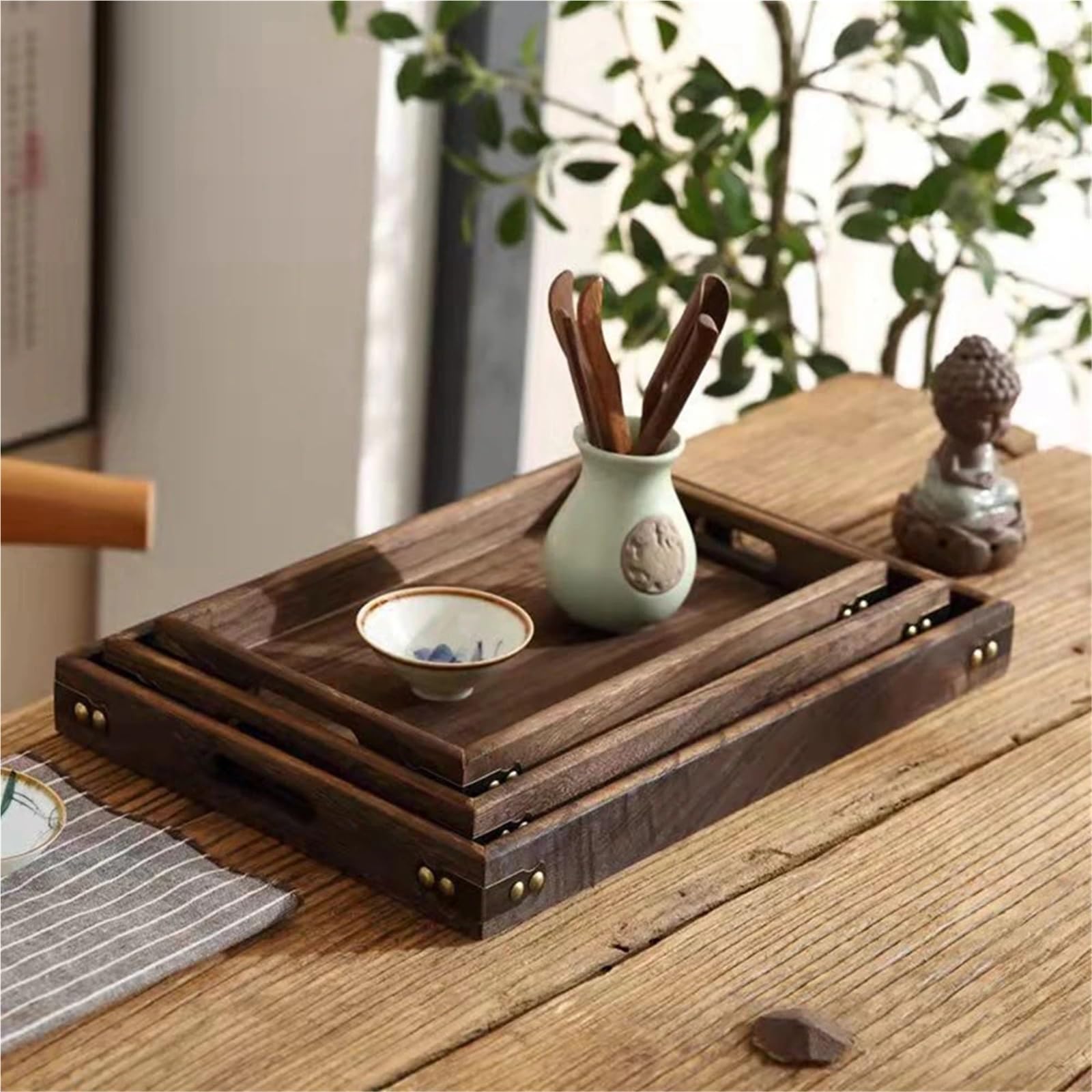 Bandeja rústica de Madera con asa, Rectangular, Multiusos, Ideal para té, café, Desayuno y centros de Mesa (36 x 24 x 4 cm).