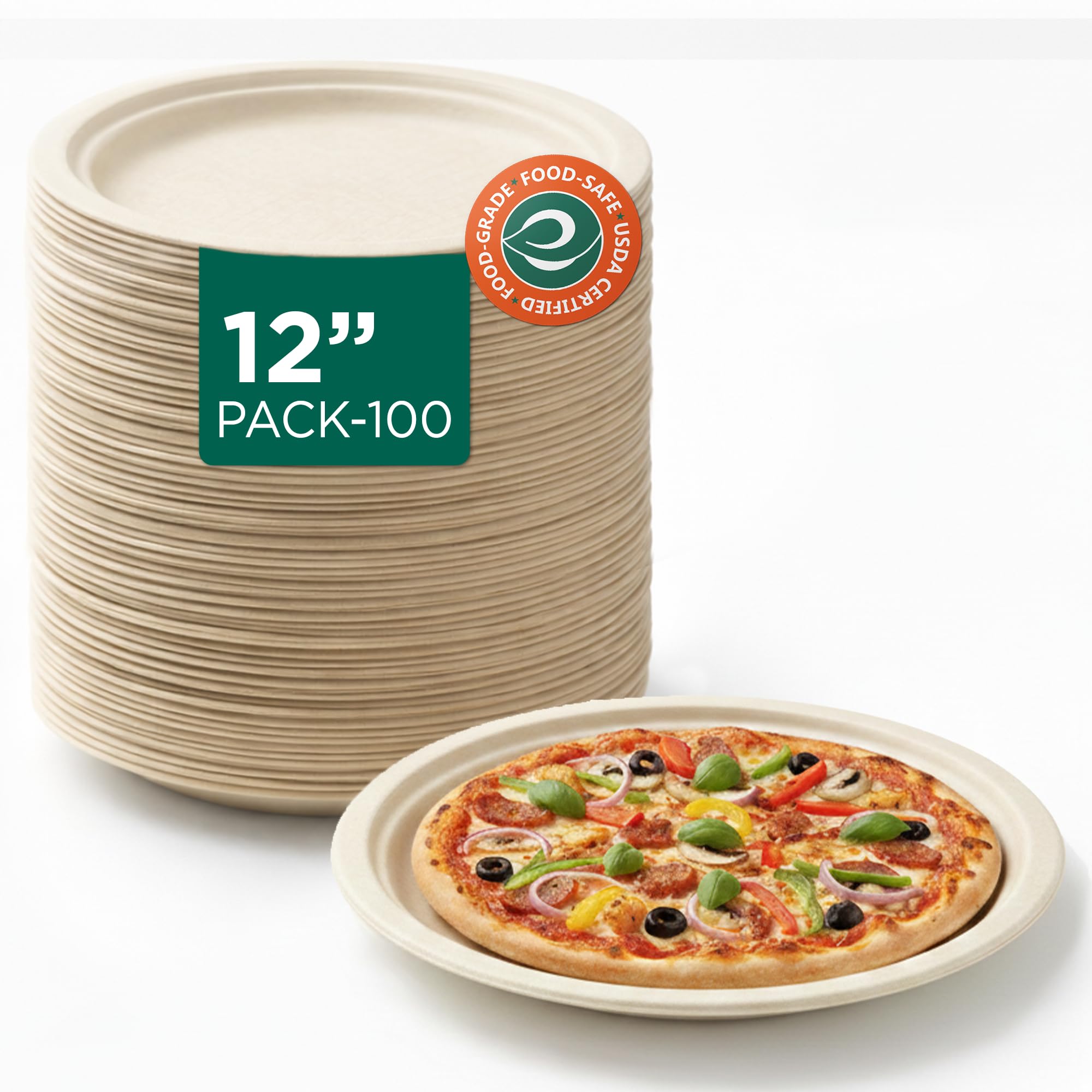 Eco Soul | Disposable Bagasse Plates | 12 inch - Pack of 100 | Eco-Friendly Disposable Plates Big Size in Bulk | Perfect for Full Meals, Lunch & Dinner | Plastic-Free, Tree-Free, Microwave Safe