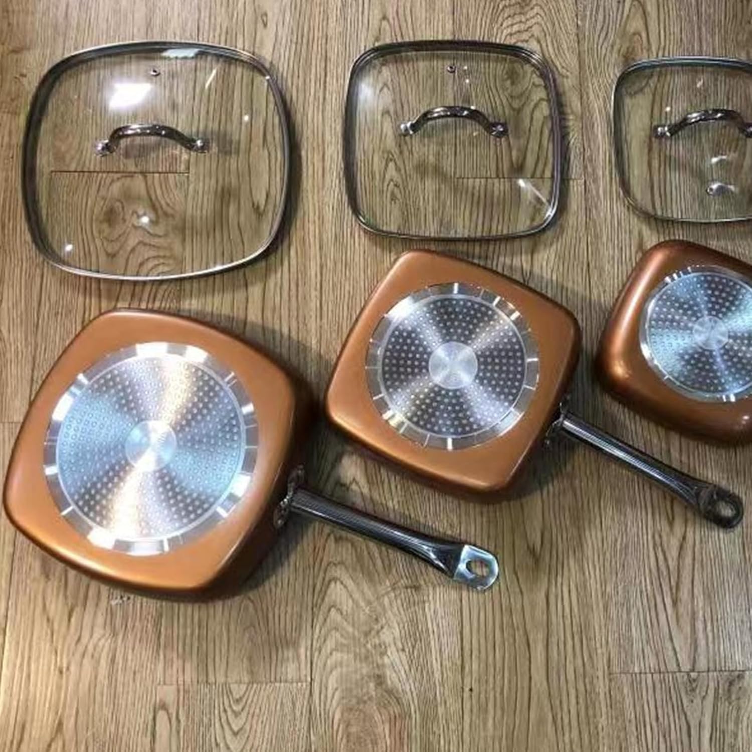 6 Piece Square Coppers Finish Aluminum Skillets Set Square Fry Pan for Efficient Heat Distribution and Easy
