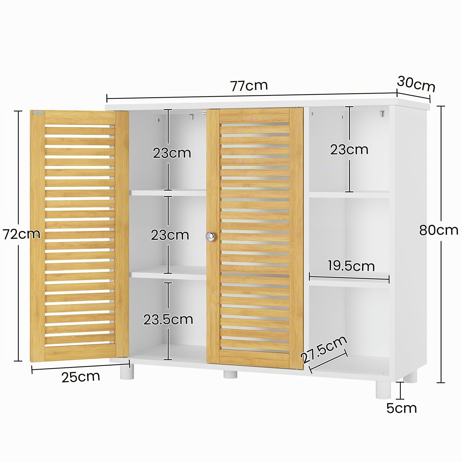 Badezimmerschrank, Unterschrank Badkommode, Badschrank mit Doppeltüren aus Bambus, 3 offene Fächer, Freistehender Beistellschrank für Badezimmer, Wohnzimmer und Küche, 77 x 30 x 80 cm