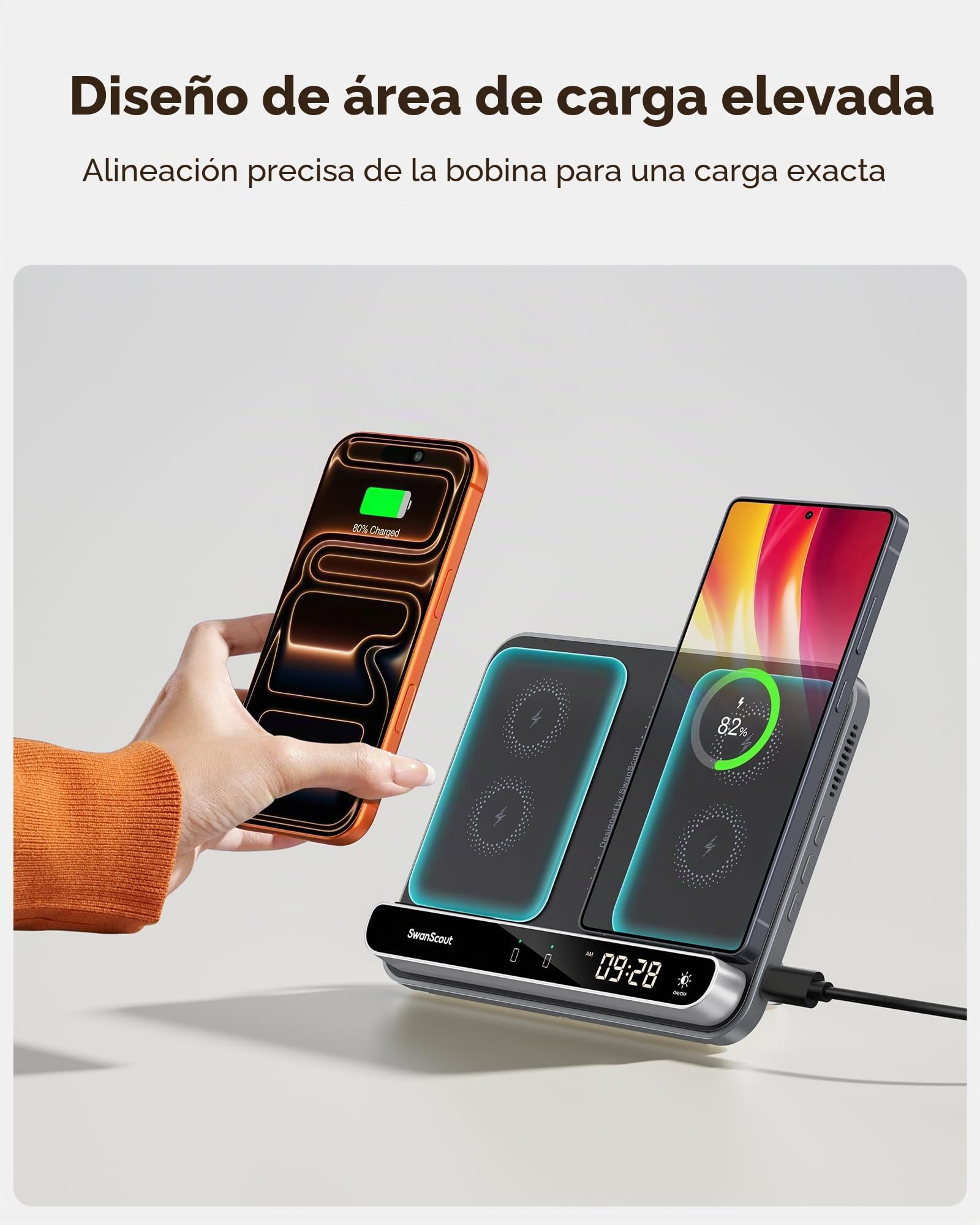 Doble Cargador Inalámbrico para 2 Moviles, Estación de Carga para iPhone Air/17 Pro/17 Pro Max/17/16/15/14/13/12, Samsung Galaxy S25/S24/S23/S22/S21, Pixel 9/8, SwanScout 504 (Black & Tech Grey)
