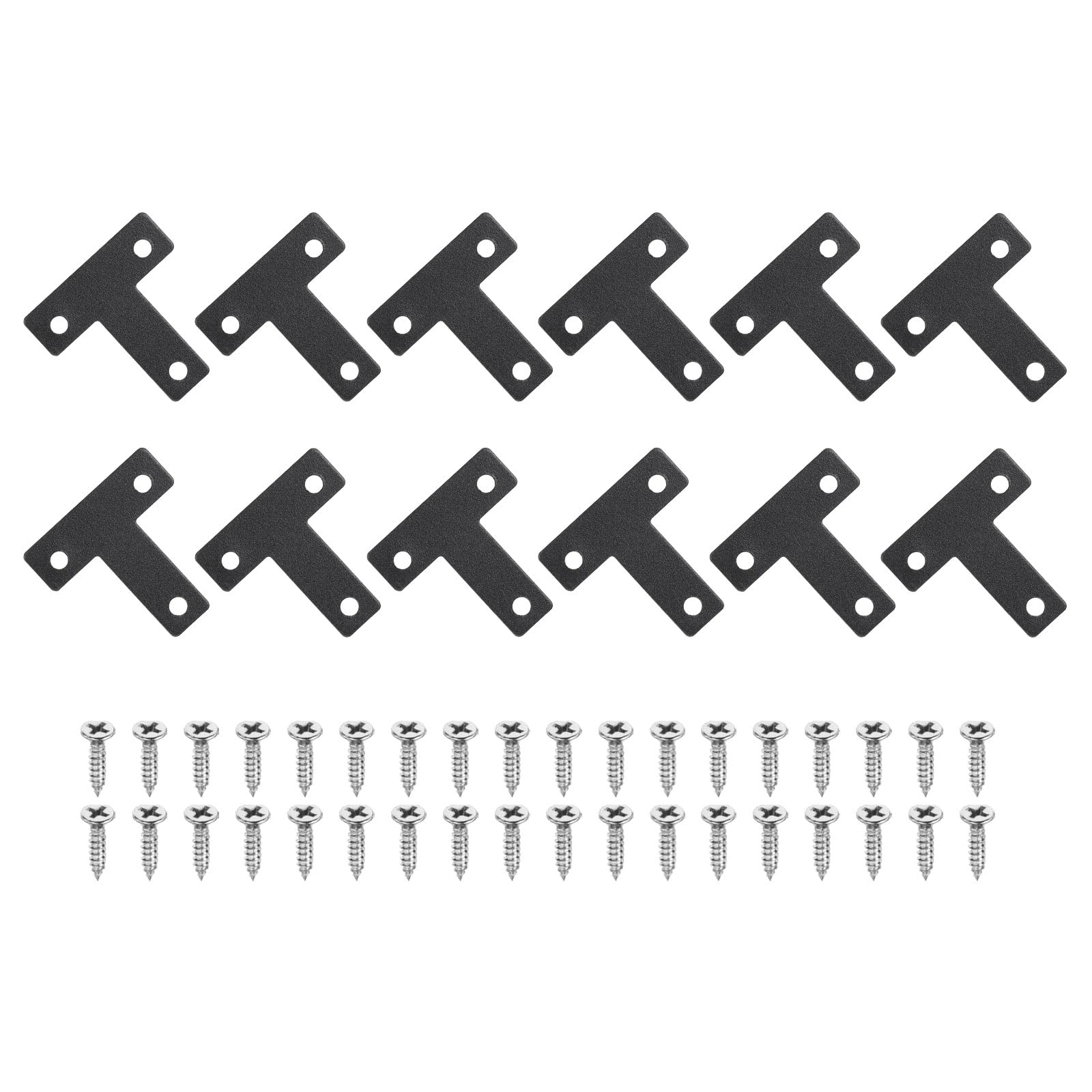 sourcing map 12Pcs t Shape Flat Bracket, 1.57" x 1.57" Metal Flat Corner Bracket Right Angle Corner Brace Mending Plate with Screws for Wood Frame Furniture Fixing Joining, Black