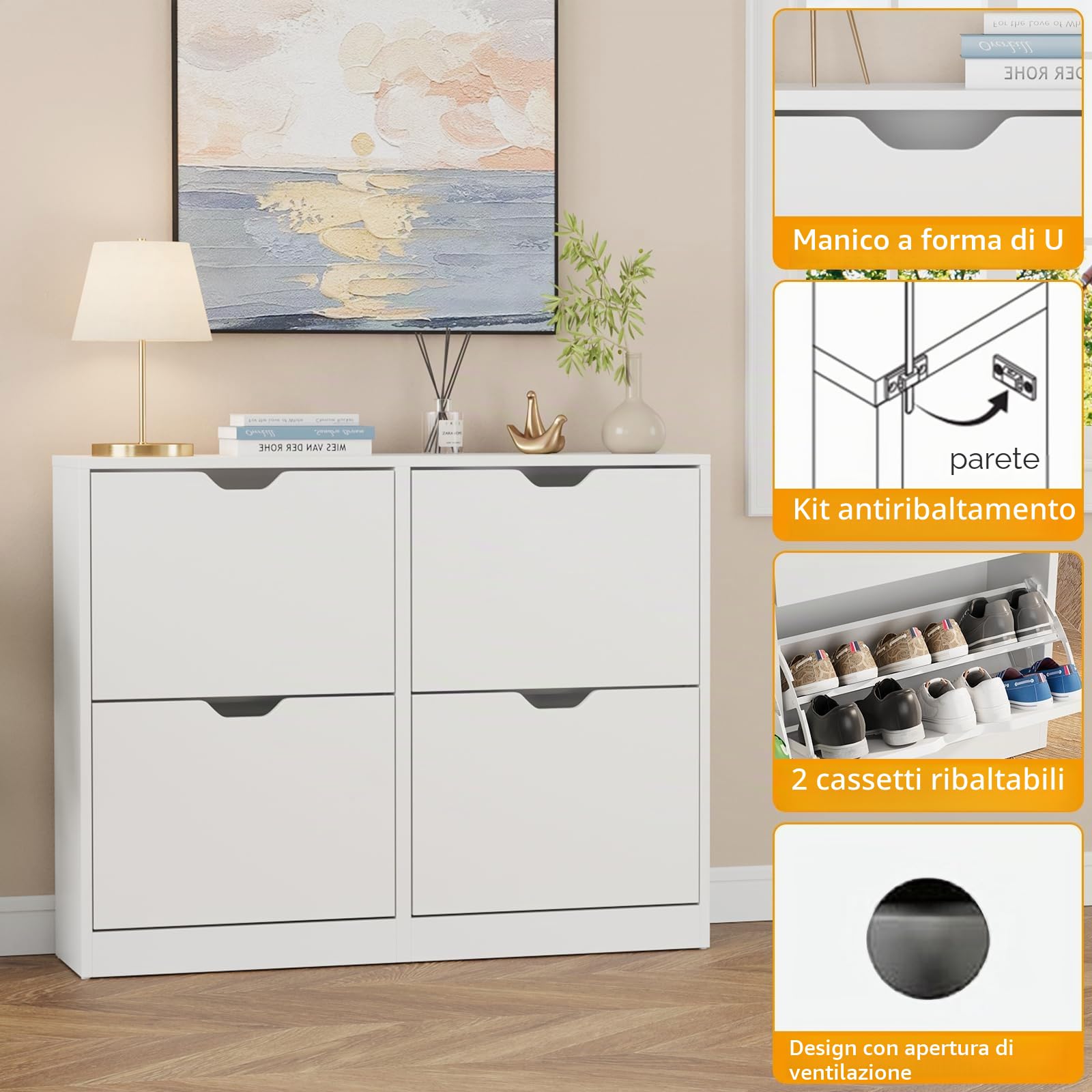 VOWNER Scarpiera Slim, Scarpiera Portascarpe in Legno, Regolabili, con 4 Ante a Ribalta e Doppia Profondita, Ingresso, 80x102x24 cm (LxAxP), Bianco