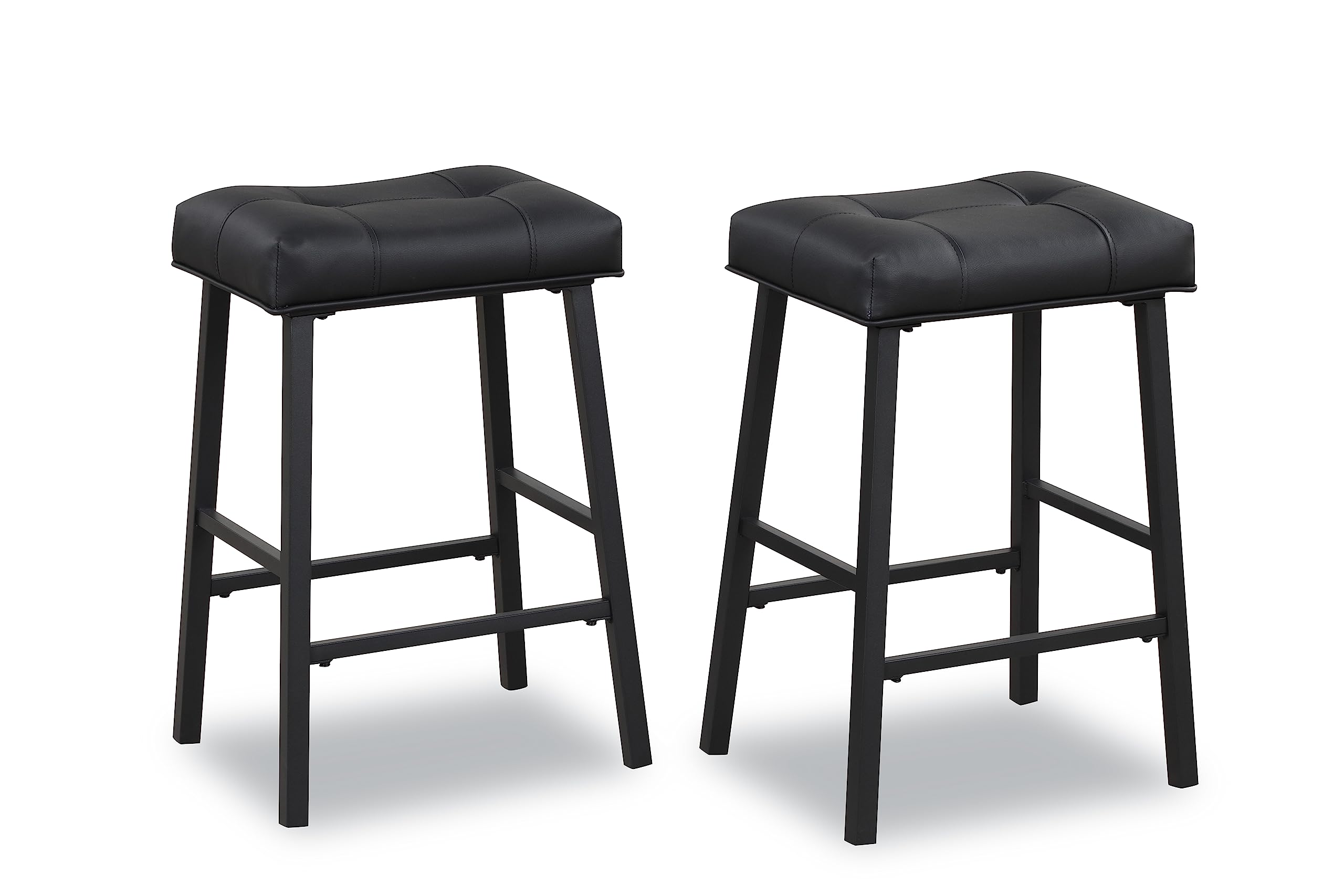 Set Of 2 Black Counter Height Bar Stools, 24 Inch Bonded Leather Saddle Seats, Heavy Duty Metal Base, Holds 400 Lbs